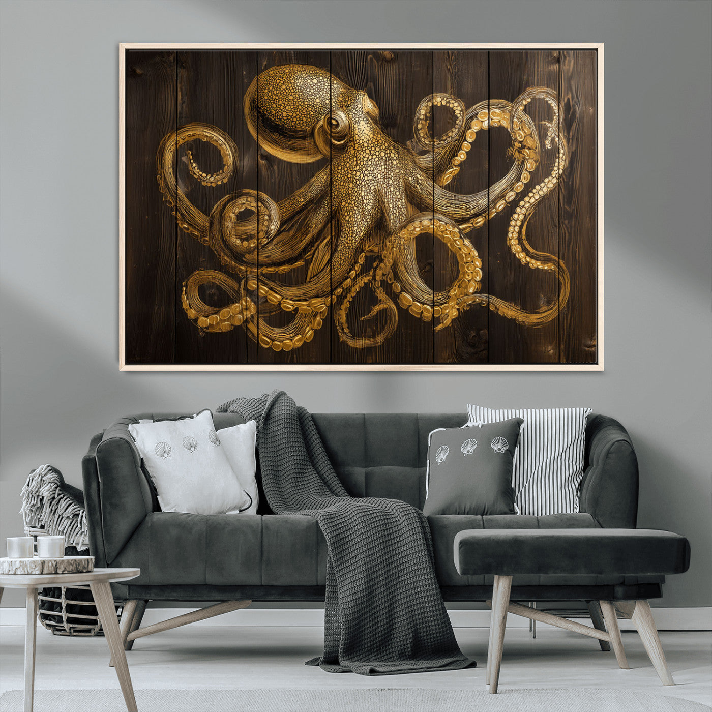 An artistic rendering of an octopus in gold ink on wooden planks, showcasing intricate details of its tentacles and textured skin.