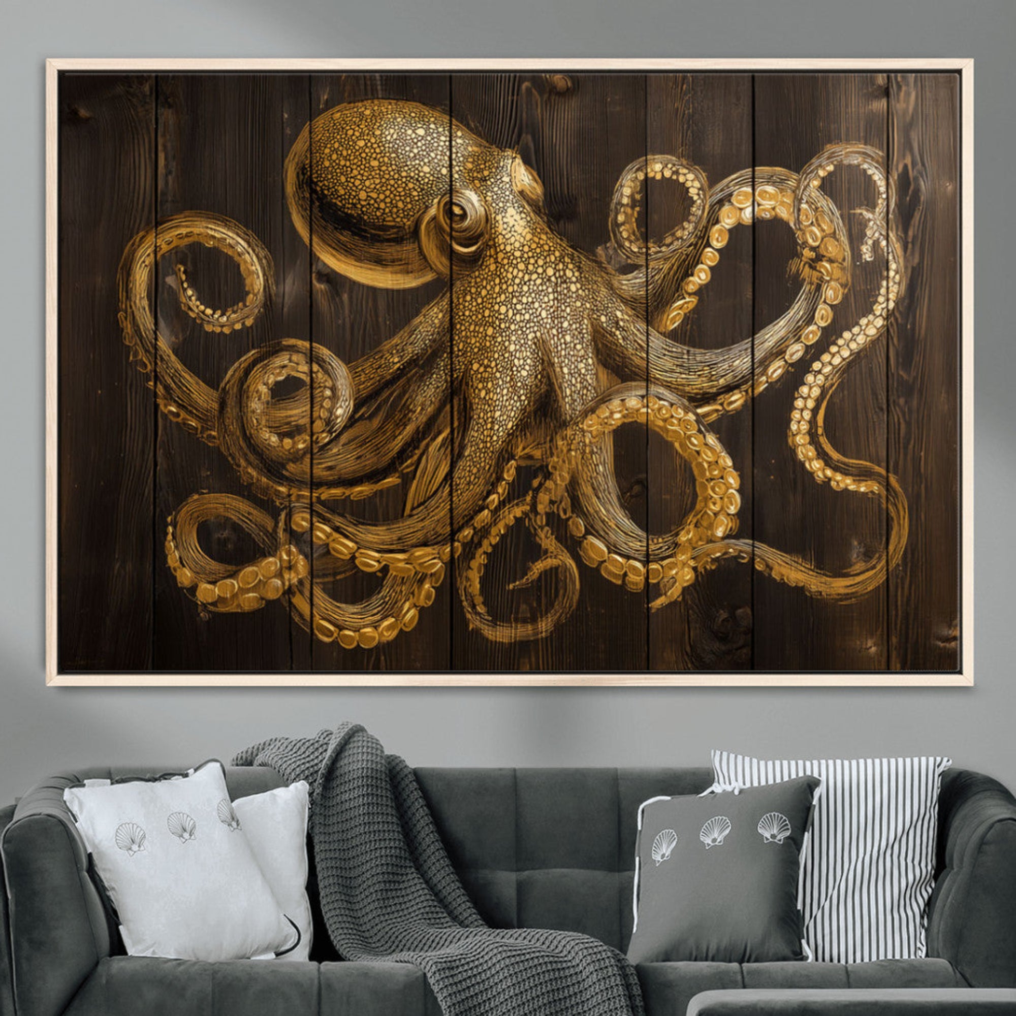 56769669-MGV-CV-36X24-Octopus Wall Art Canvas Print – Wooden Art Sea Creature Marine Life Nautical Tentacles Ocean Artwork for Home Office