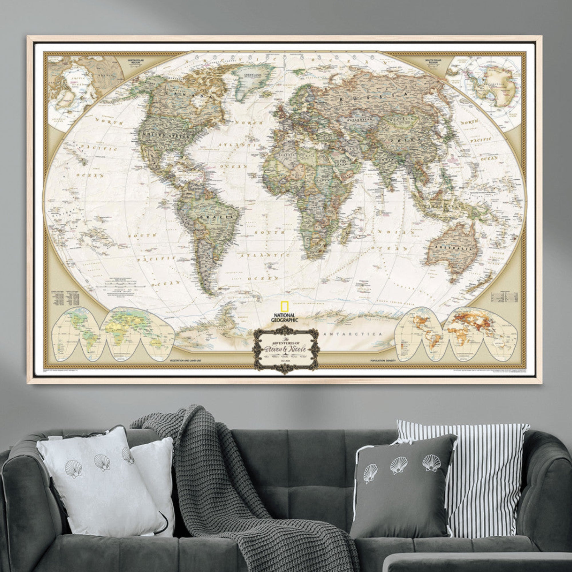 62071694-MGV-CV-36X24-World Map Wall Art Canvas – National Geographic Style Framed Map Print, Elegant Educational Wall Decor for Home, Office