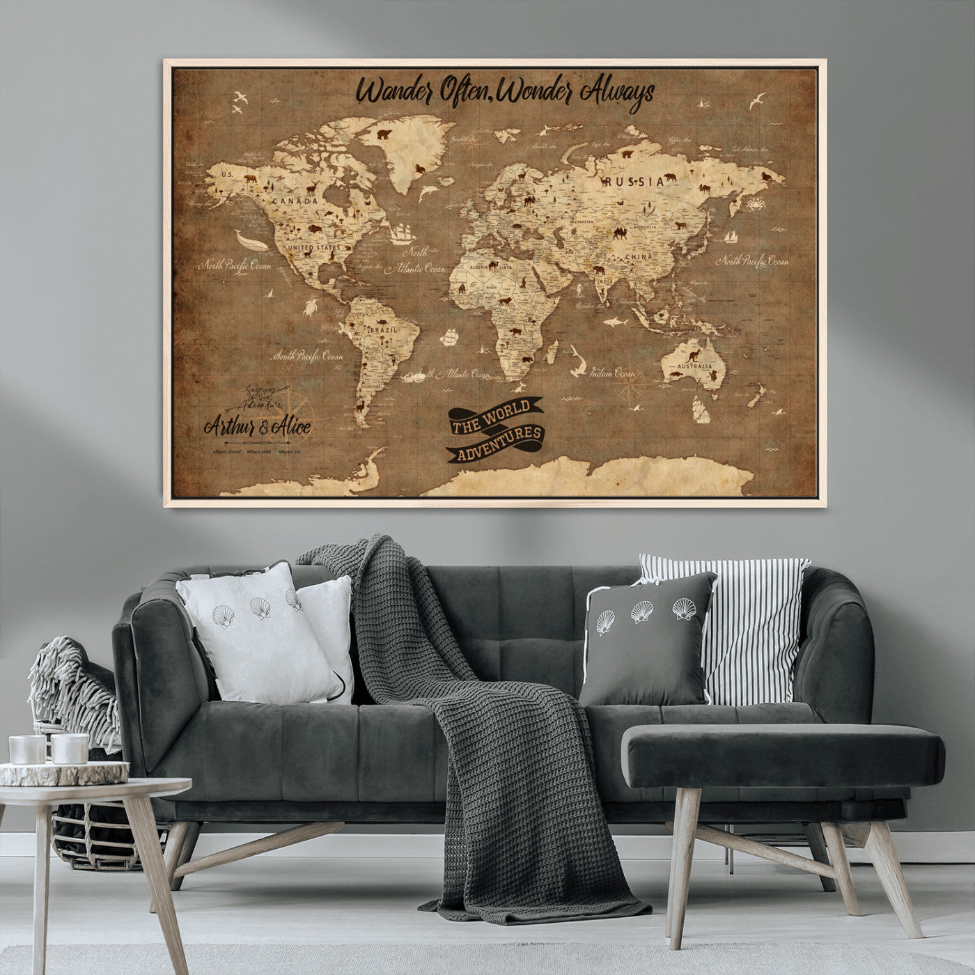Rehber01-MGV-CV-36X24-Customize Push Pin World Map Wall Art Canvas Print – Personalized Kids Room Framed Map Adventure Travel for home, office