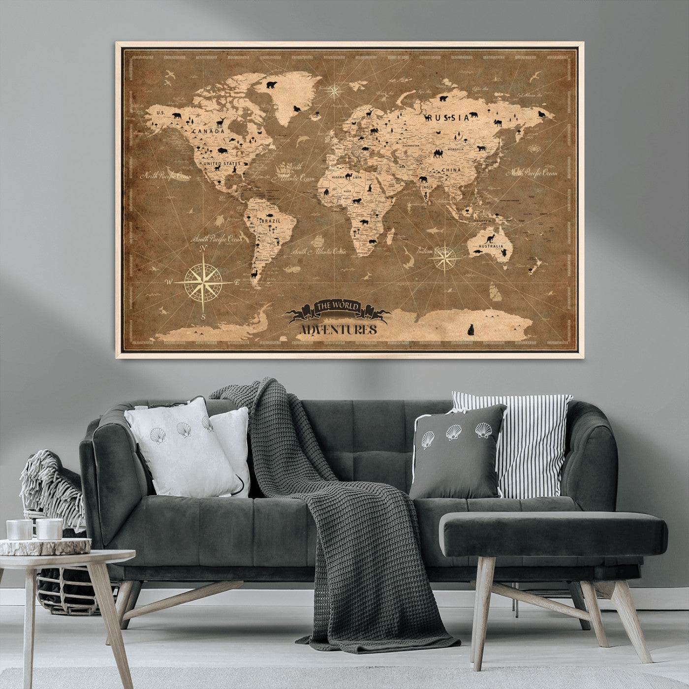 Rehber01-MGV-CV-36X24-Customize Push Pin World Map Wall Art Canvas Print – Personalized Kids Room Framed Map Travel Tracker for home, office