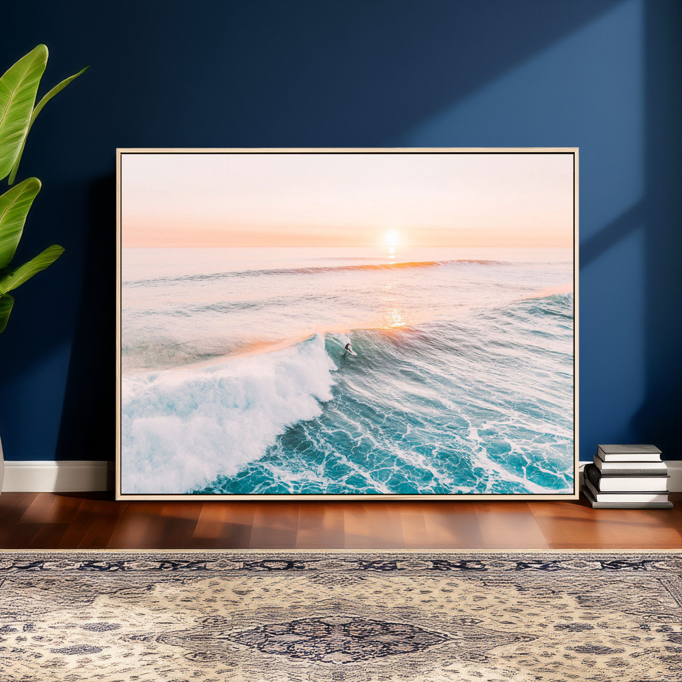 34064591-MGV-CV-36X24 - Sunset Surfing Wall Art Canvas Print, Ocean Wave Surfer with Golden Sky Artwork for Home, Office, Living Room