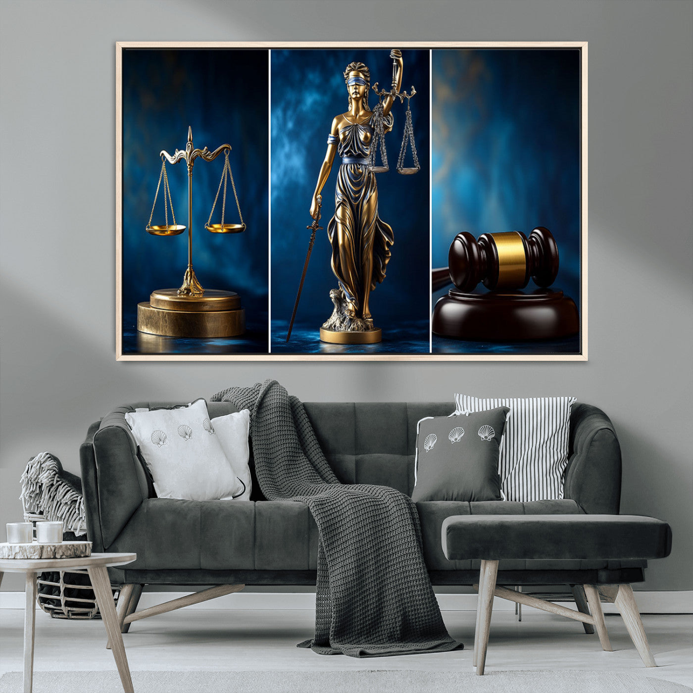 87750525-MGV-CV-36X24-Justice Scales Statue Wall Art, Lady Justice Sculpture Canvas Print, Legal Law Decor, Courtroom