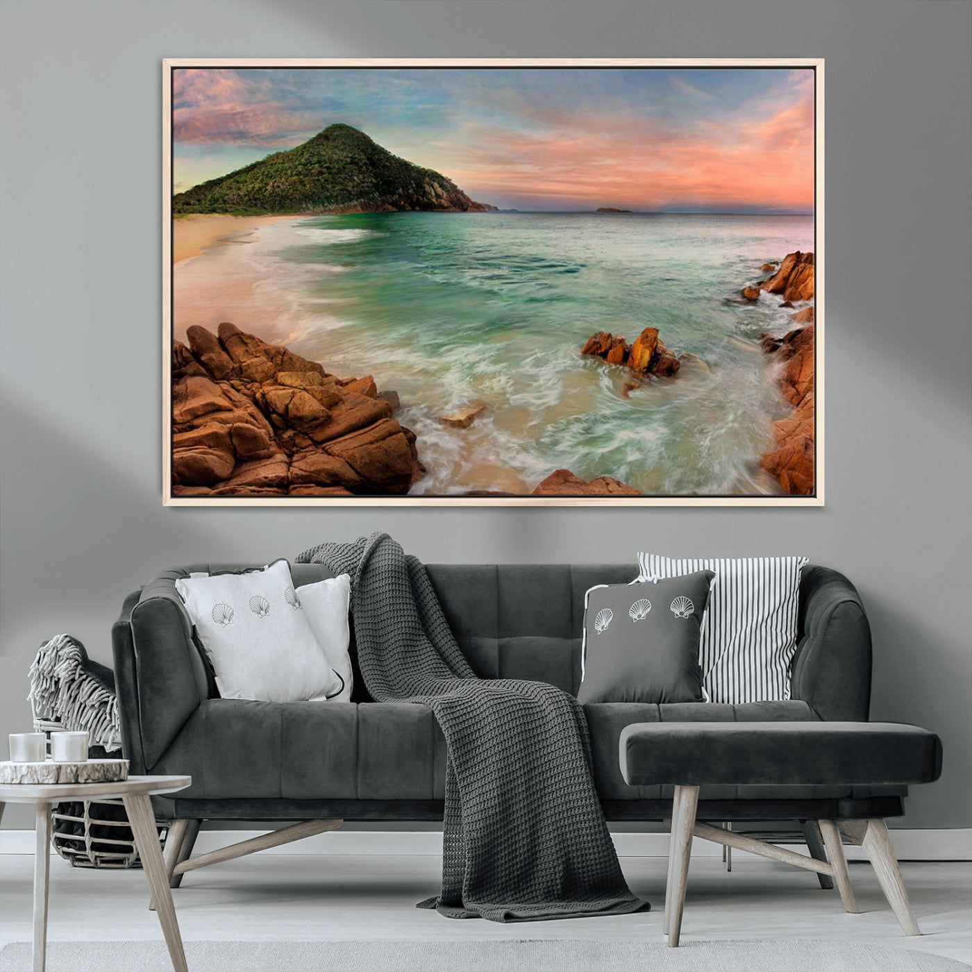 -Coastal Landscape Wall Art Canvas Print – Rocky Shore and Green Hills at Sunset Beautiful Ocean View Artwork for Home, Office