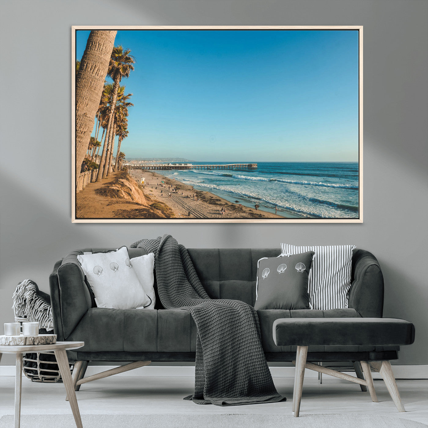 92568259-MGV-CV-36X24-Scenic Beach Wall Art Canvas Print – Tall Palm Trees, Sandy Shore, Long Pier Stretching into Calm Ocean Artwork for Home, Office