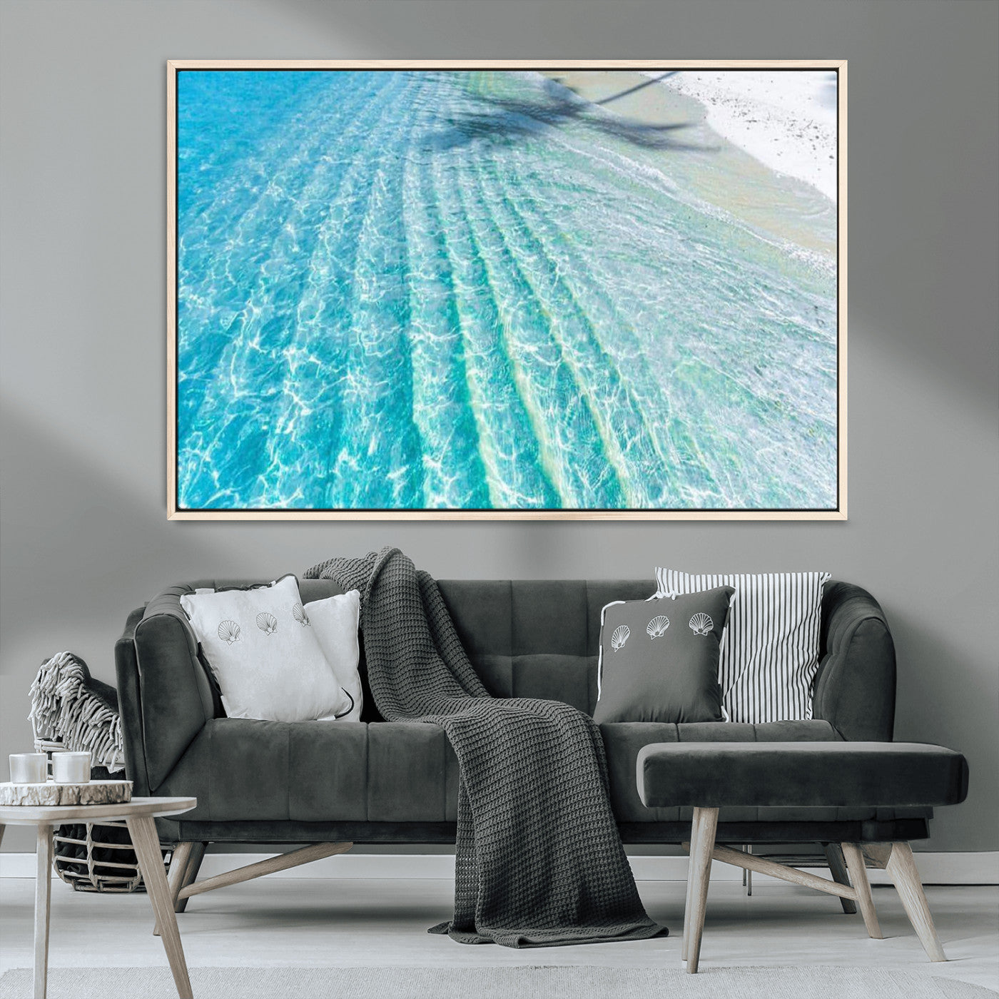 -Crystal Clear Ocean Wall Art Canvas Print – Sunlight Reflections and Palm Tree Shadow on Sandy Beach Artwork for Home, Office