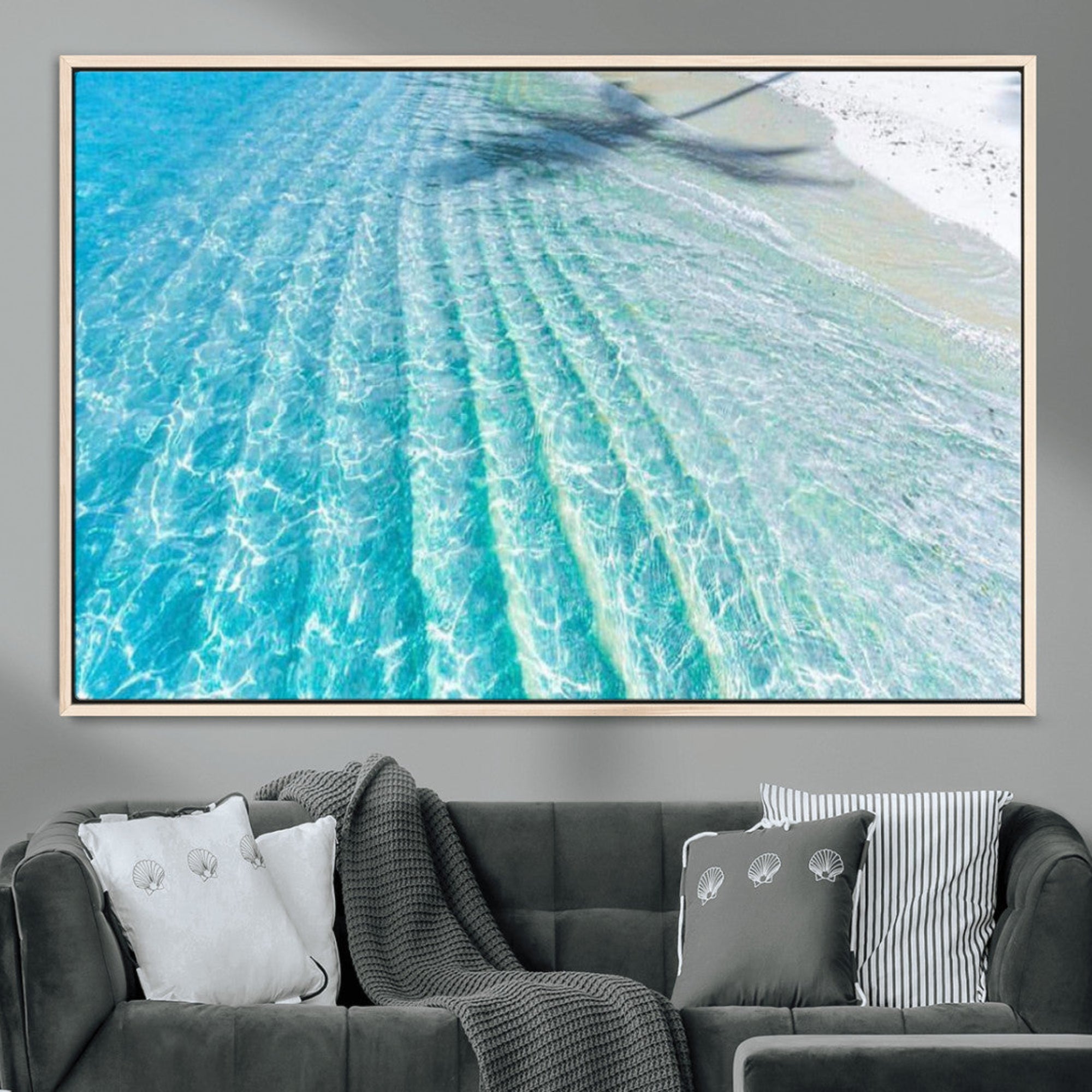 17528159-MGV-CV-36X24-Crystal Clear Ocean Wall Art Canvas Print – Sunlight Reflections and Palm Tree Shadow on Sandy Beach Artwork for Home, Office