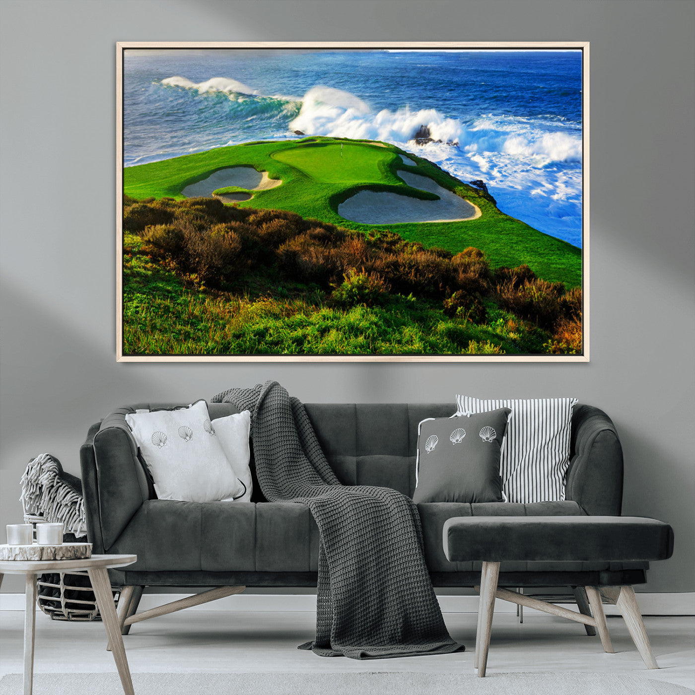 34181847-MGV-CV-36X24-Coastal Golf Course Wall Art Canvas Print – Vibrant Green with Sand Bunkers Overlooking Ocean Waves Artwork for Home, Office