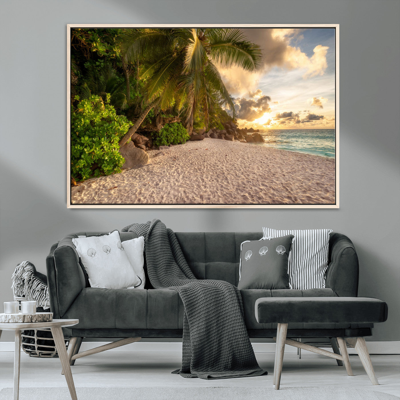 MGV-FC-36X24 - Tropical beach sunset, palm trees, white sand, ocean waves, golden sky, serene landscape, nature