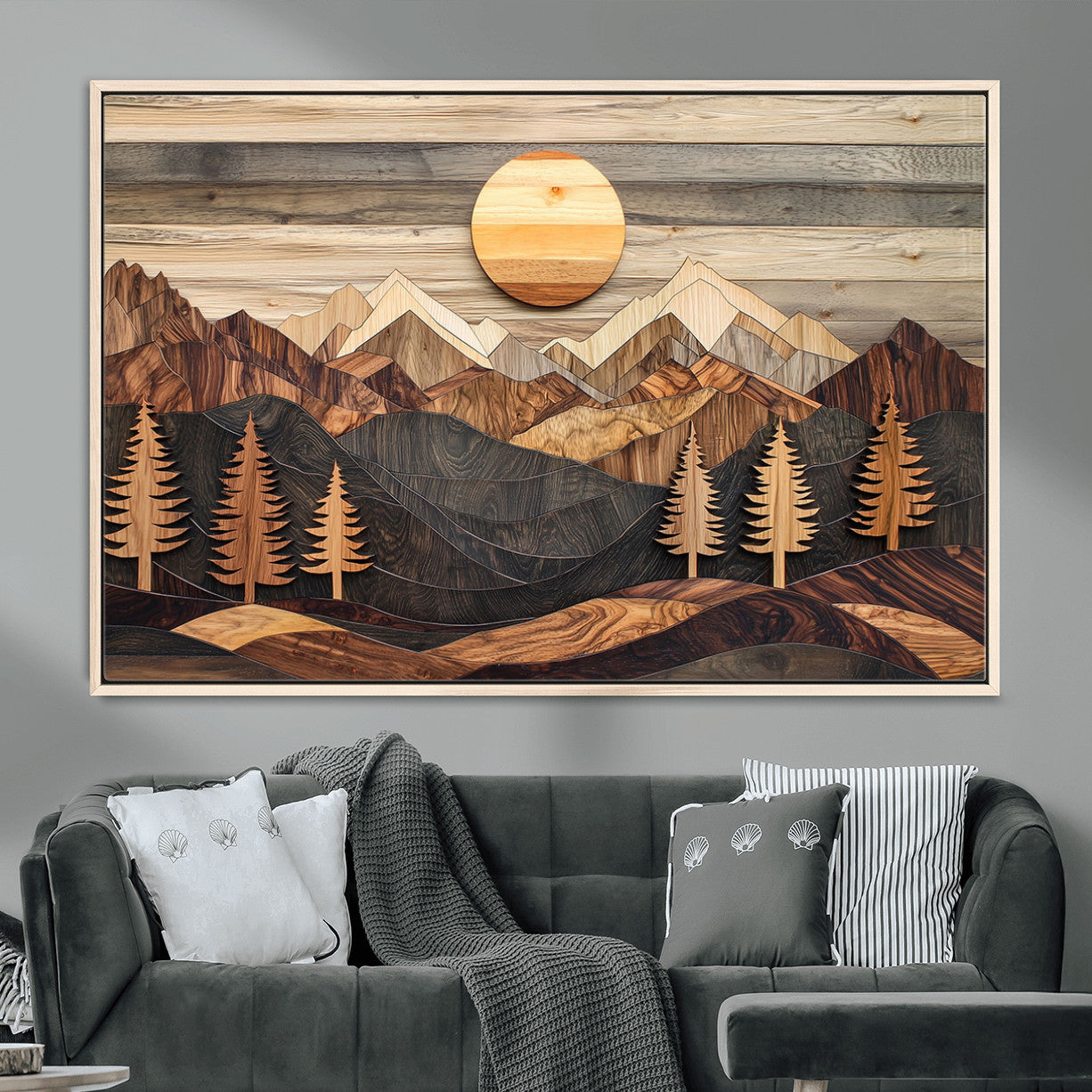 19832326-MGV-FC-36X24 - Wooden Mountain Landscape Layered Texture Geometric Shapes Sun Pine Trees Rustic Natural Tones Art