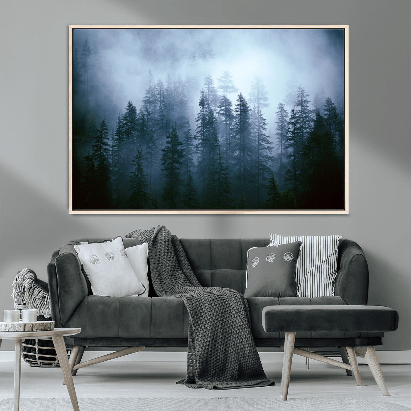 93439624-MGV-CV-36X24-Foggy Evergreen Pines Mist Forest Blue Haze Moody Atmospheric Wilderness Nature Trees Scenic