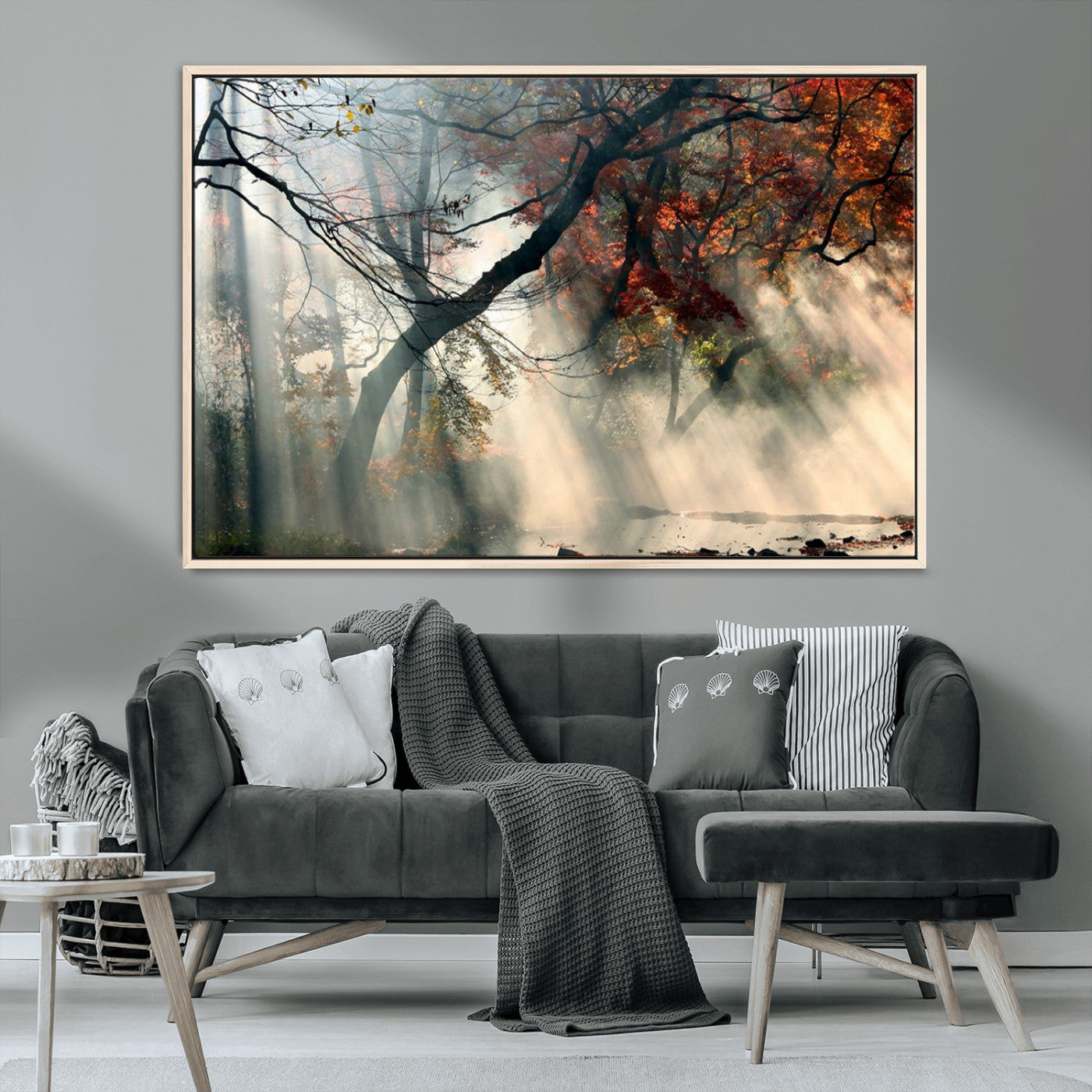 -Sunlit Autumn Forest Wall Art Canvas Print – Framed Mist Trees Scene with Peaceful Rays Artwork for Home, Office