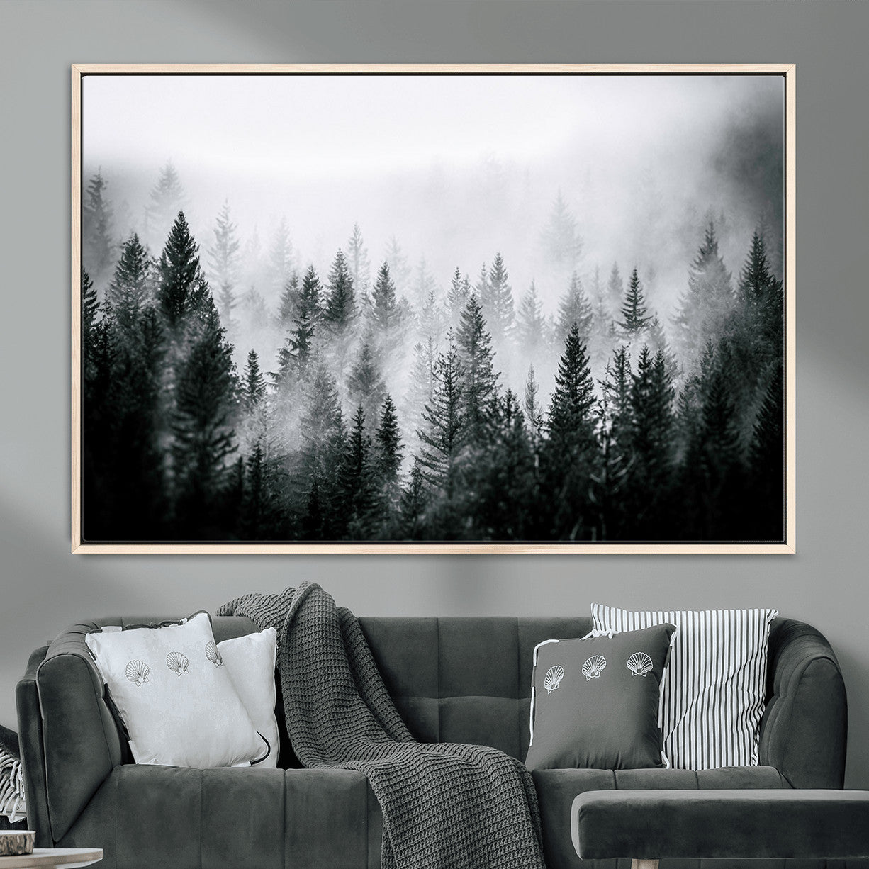 87750525-MGV-CV-36X24-Foggy Pine Forest Wall Art – Black White Nature Landscape Canvas Artwork, Misty Trees Design, Modern Decor for Home, Office