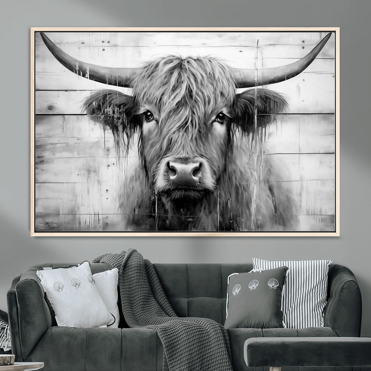 1001HASAN27-MGV-FC-36X24 - Black White Highland Cow Wall Art Canvas Print