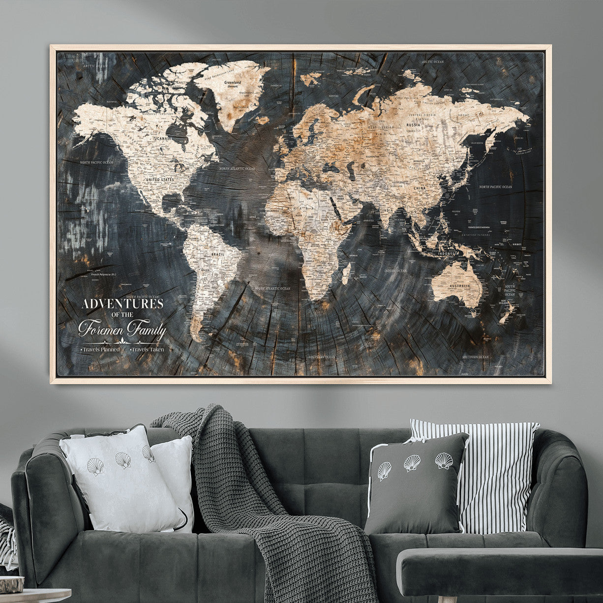 58265369-MGV-FC-36X24 - Customized Push Pin World Map Wall Art Canvas Print with Pins, Personalized Travel Tracker Map, Framed World Map for Living Room, Office and Home Decor