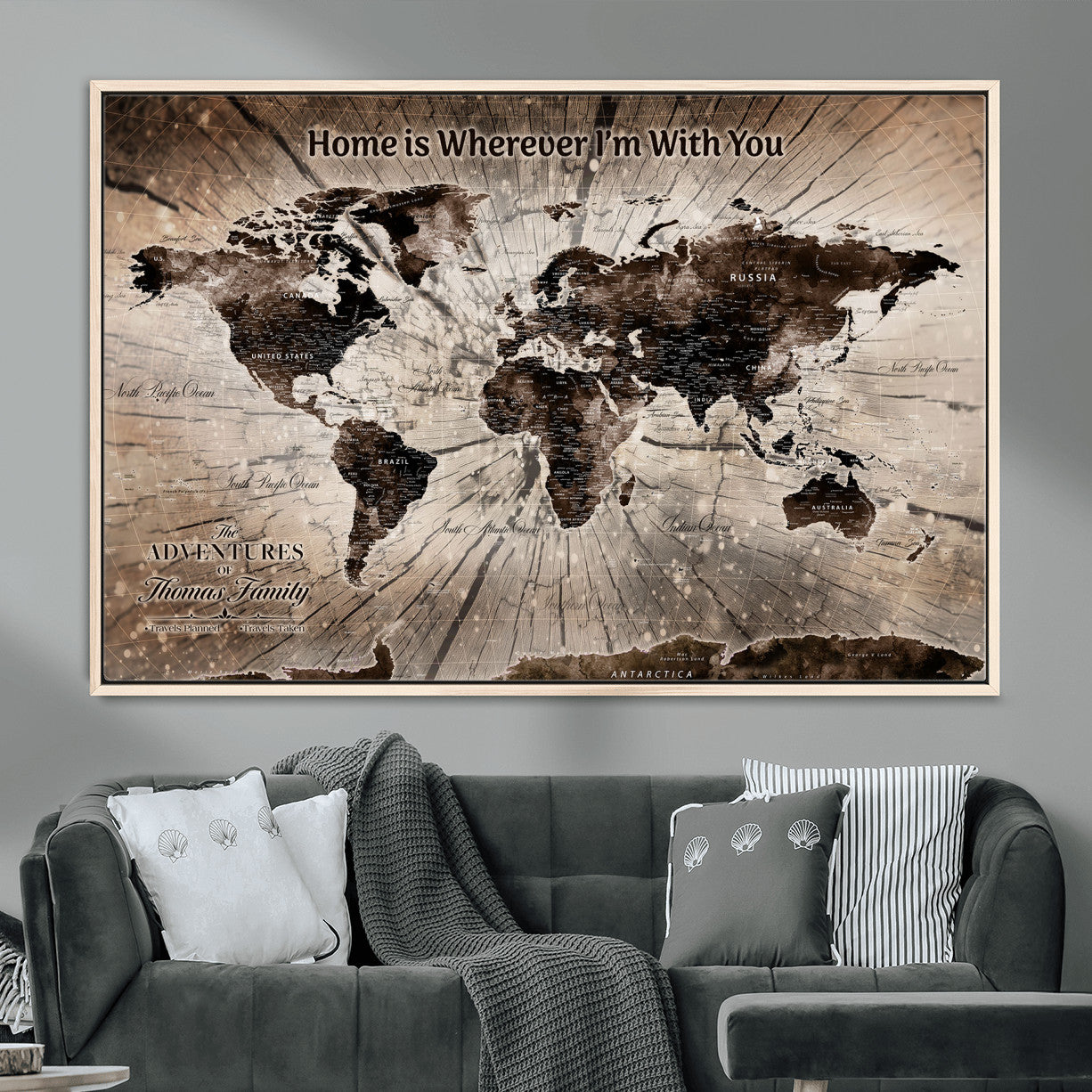 72371980-MGV-FC-36X24 - Personalized World Map Wall Art – Customizable Push Pin Framed Canvas Print Unique Travel Decor for Home, Office