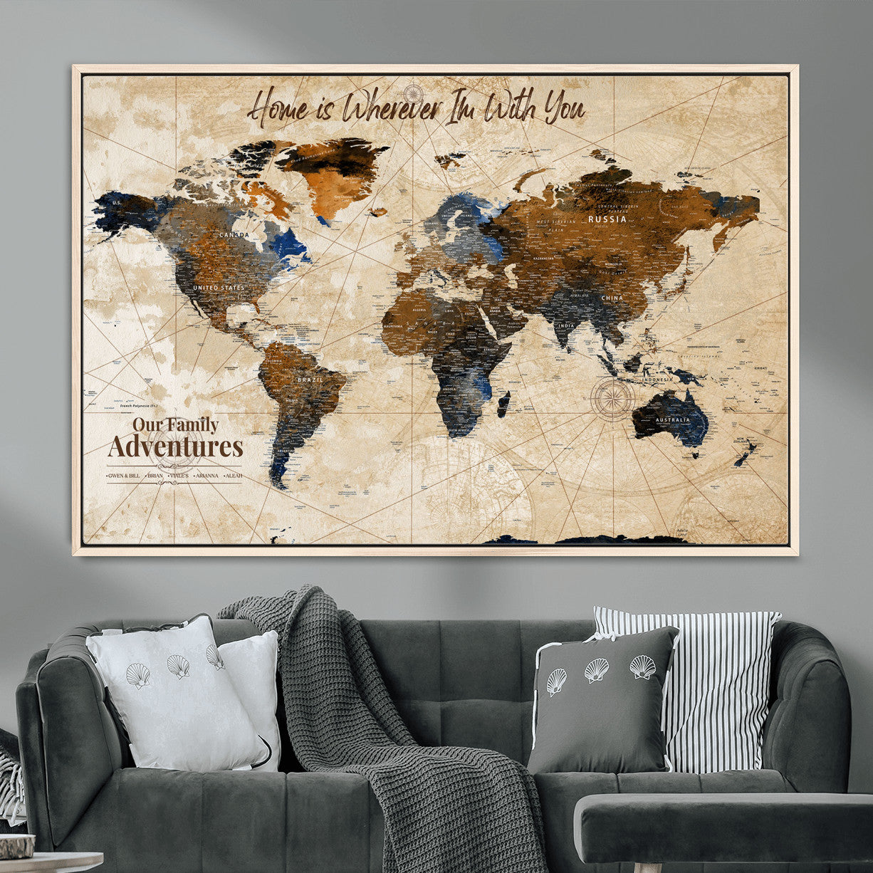 37709027-MGV-FC-36X24 - Customized Push Pin World Map Wall Art Canvas Print with Pins, Vintage Personalized Travel Tracker Map, Framed World Map for Living Room, Office and Home Decor