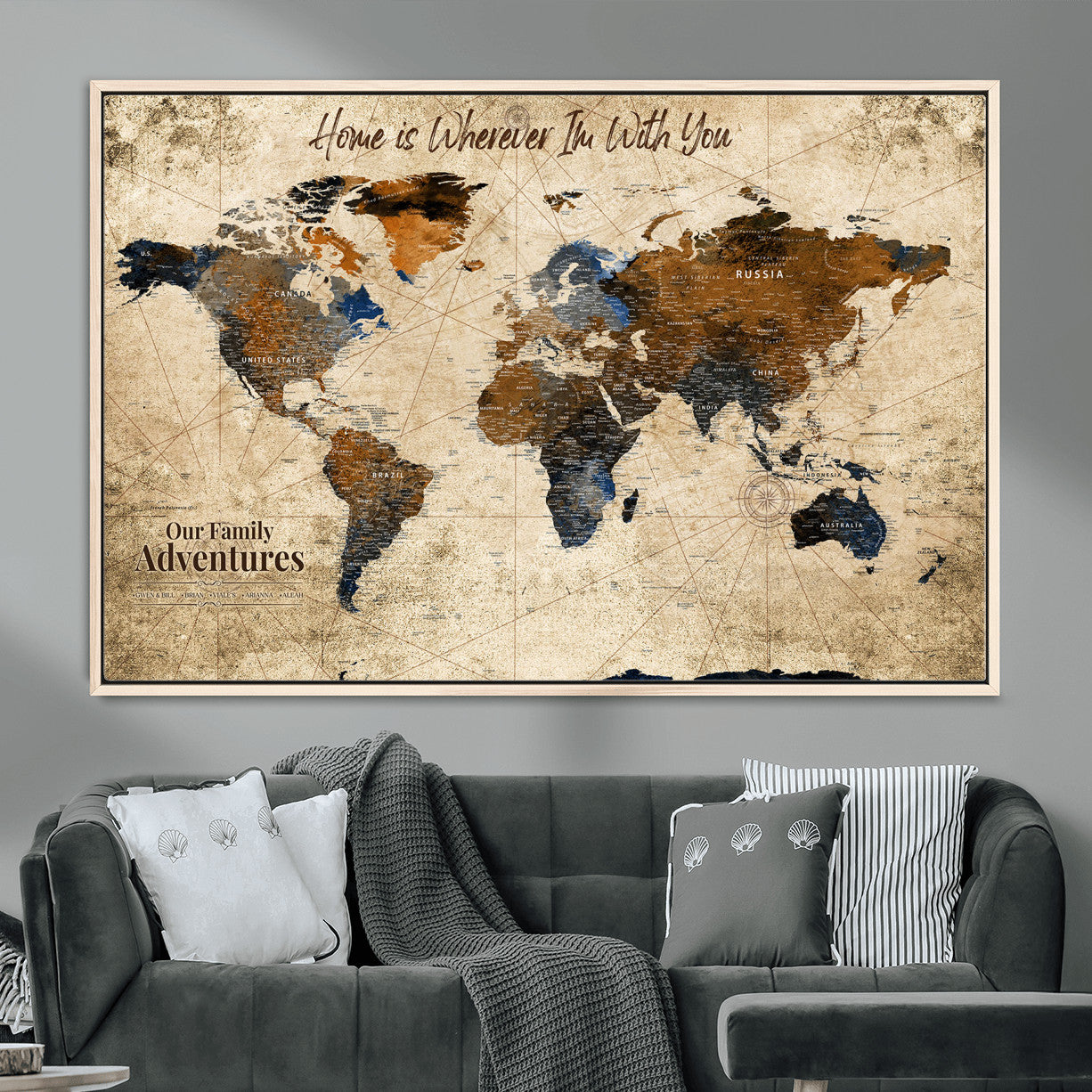 23631534-MGV-FC-36X24 - Customized Push Pin World Map Wall Art Canvas Print with Pins, Personalized Travel Tracker Map, Framed World Map for Living Room, Office and Home Decor