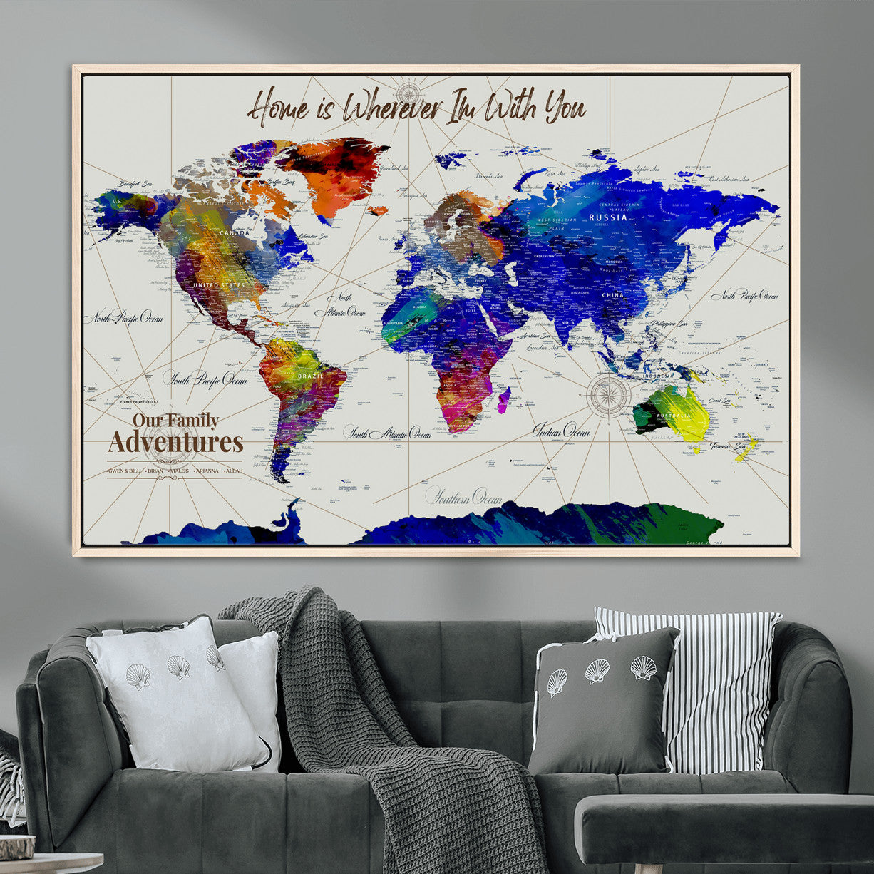 74686301-MGV-FC-36X24 - Customized Push Pin World Map Wall Art Canvas Print with Pins, Personalized Travel Tracker Map, Framed World Map for Living Room, Office and Home Decor