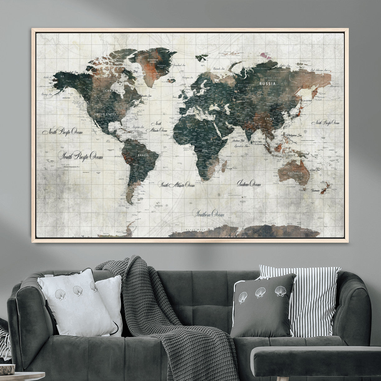 90149079-MGV-FC-36X24 - World Map Wall Art Canvas Print, Modern Decorative Framed Map Artwork Prints for Living Room, Office, Bedroom Wall Decor