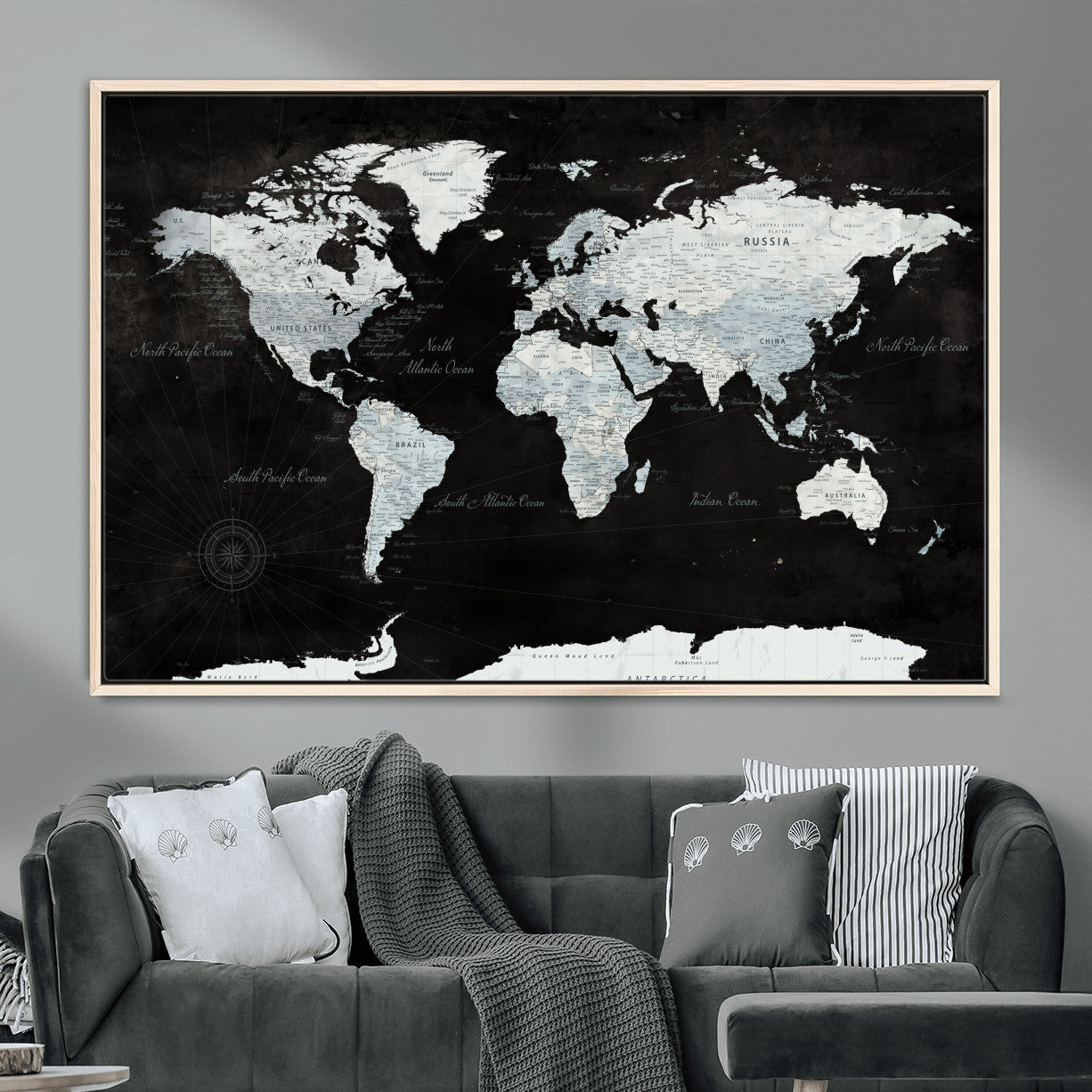 30759283-MGV-FC-36X24 - World Map Wall Art Canvas Print, Modern Decorative Framed Map Artwork Prints for Living Room, Office, Bedroom Wall Decor