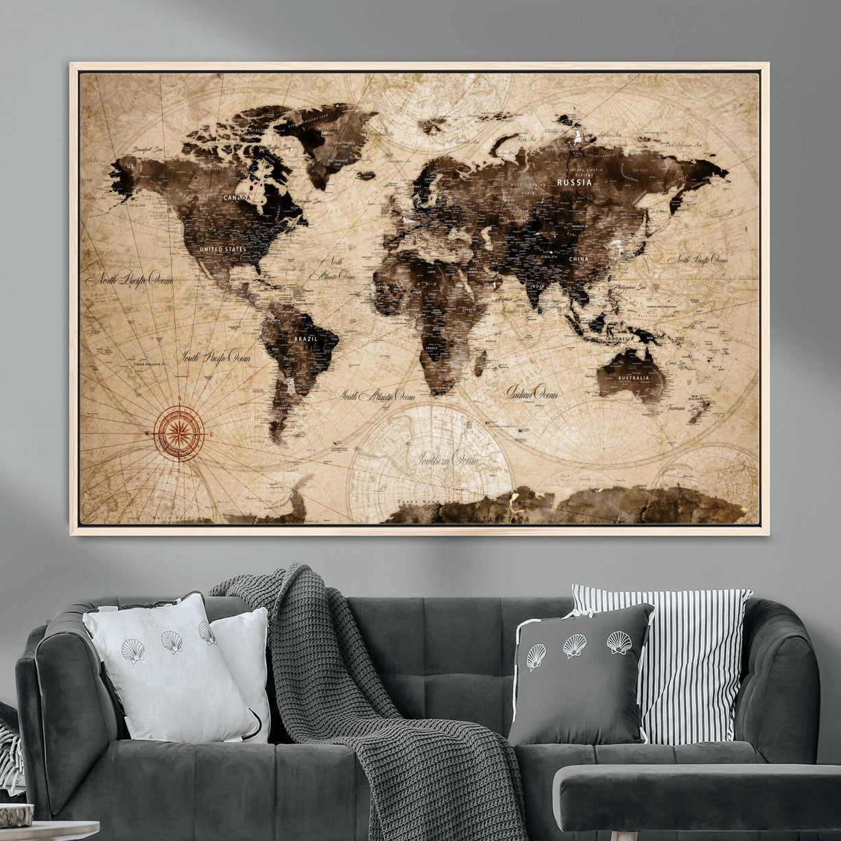 97114757-MGV-FC-36X24 - World Map Wall Art Canvas Print, Modern Decorative Framed Map Artwork Prints for Living Room, Office, Bedroom Wall Decor