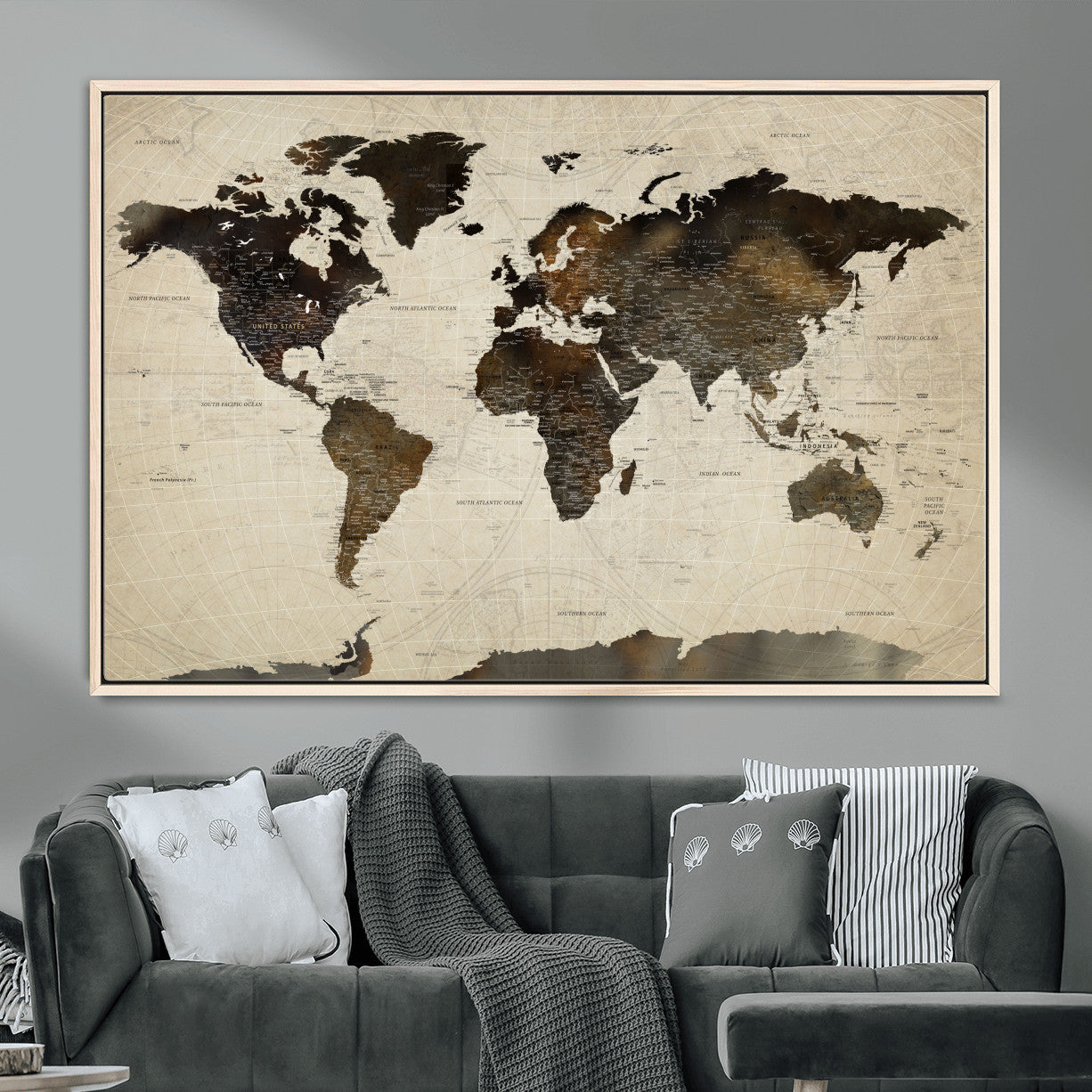 81771296-MGV-FC-36X24 - World Map Wall Art Canvas Print, Modern Decorative Framed Map Artwork Prints for Living Room, Office, Bedroom Wall Decor