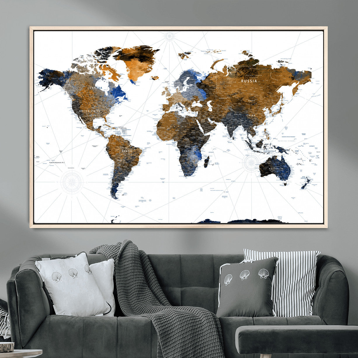 40862517-MGV-FC-36X24 - World Map Wall Art Canvas Print, Modern Decorative Framed Map Artwork Prints for Living Room, Office, Bedroom Wall Decor
