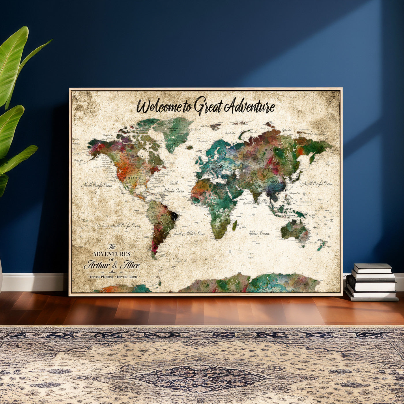 89225601-MGV-CV-36X24 - Custom Push Pin World Map Wall Art Canvas Print – Personalized Travel Tracker with Pins Framed Large for Home and Office Decor