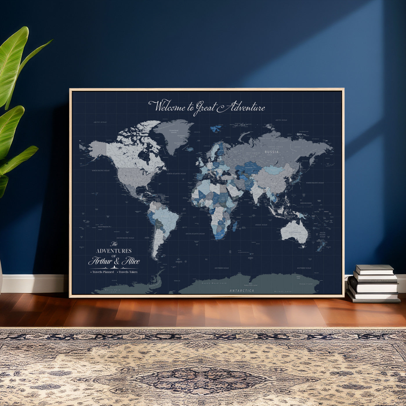 51673389-MGV-CV-36X24 - Custom Push Pin World Map Wall Art Canvas Print – Personalized Travel Tracker with Pins Framed Large for Home and Office Decor