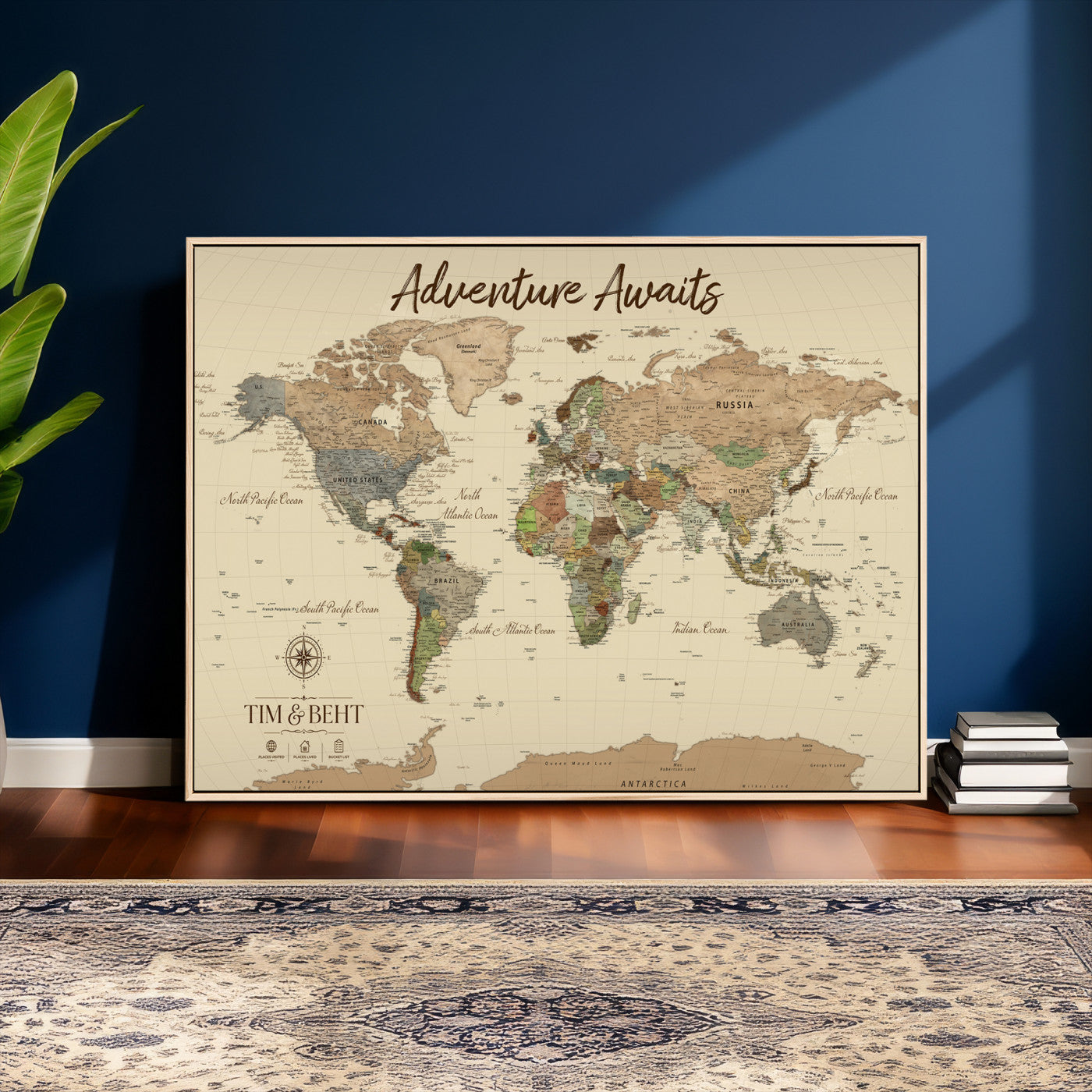 72027187-MGV-CV-36X24 - Custom Push Pin World Map Wall Art Canvas Print – Personalized Travel Tracker with Pins Framed Large for Home and Office Decor