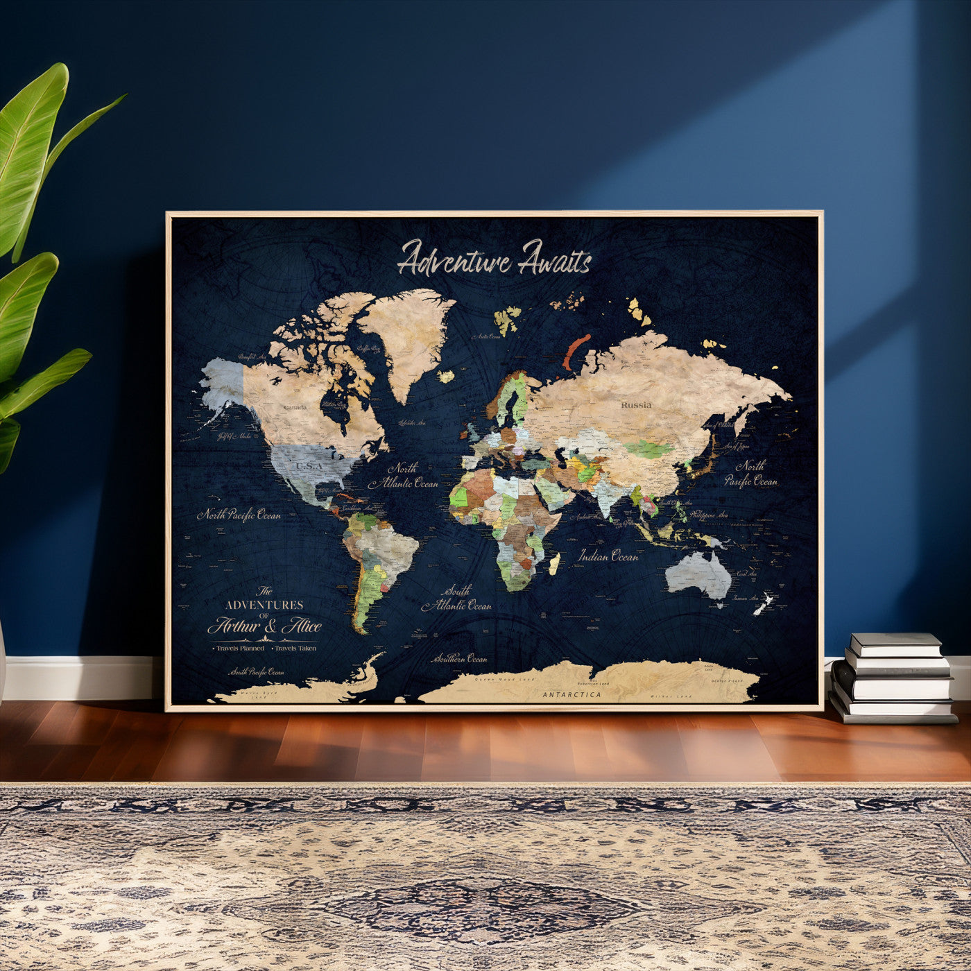 39120422-MGV-CV-36X24 - Custom Push Pin World Map Wall Art Canvas Print – Personalized Travel Tracker with Pins Framed Large for Home and Office Decor