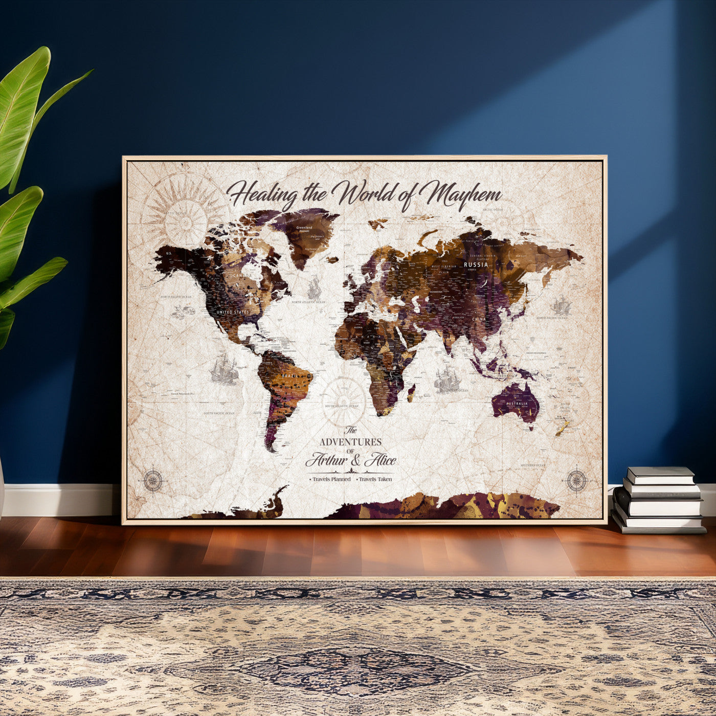 20154714-MGV-CV-36X24 - Custom Push Pin World Map Wall Art Canvas Print – Personalized Travel Tracker with Pins Framed Large for Home and Office Decor