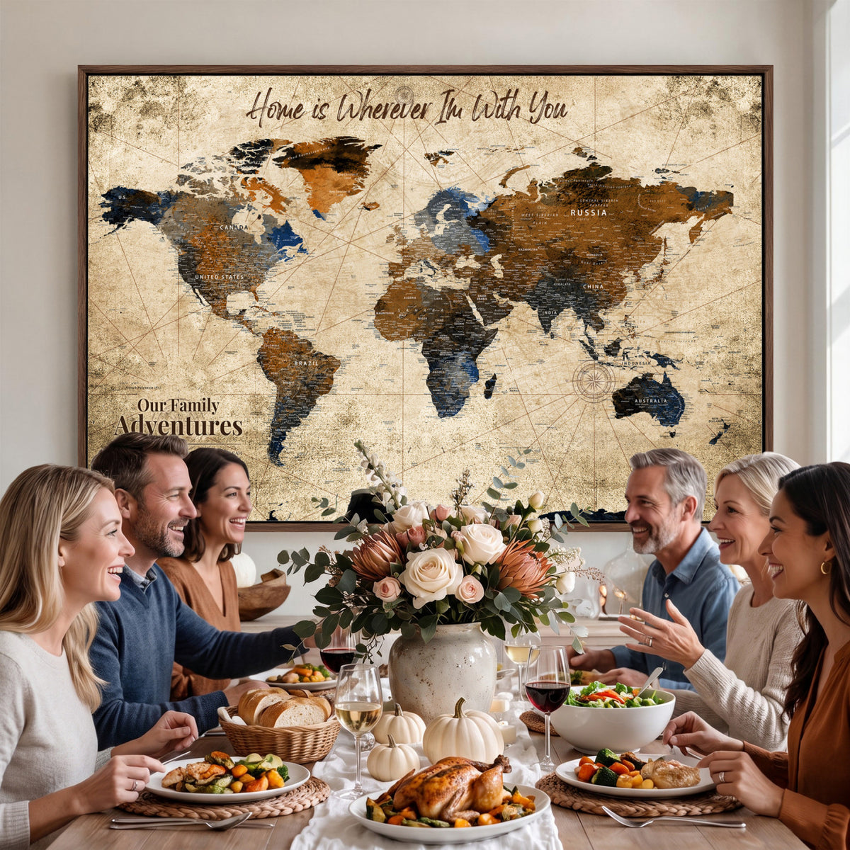 17548029-MGV-CV-36X24 - Personalized Framed Beige Modern Push Pin World Map Canvas Print, Bucket List Map, Home Office and Study Decor