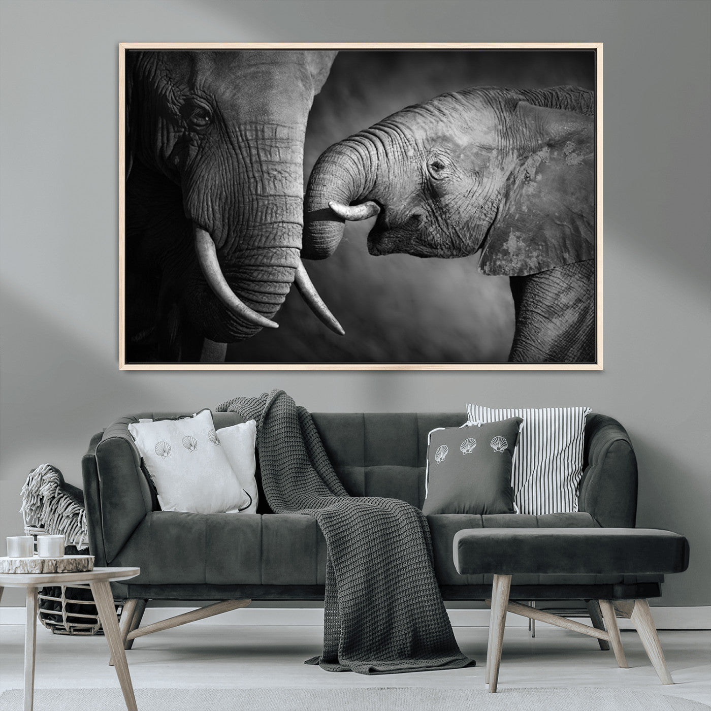 -Elephant Family Wall Art Canvas, Framed Elephant Family Canvas Print