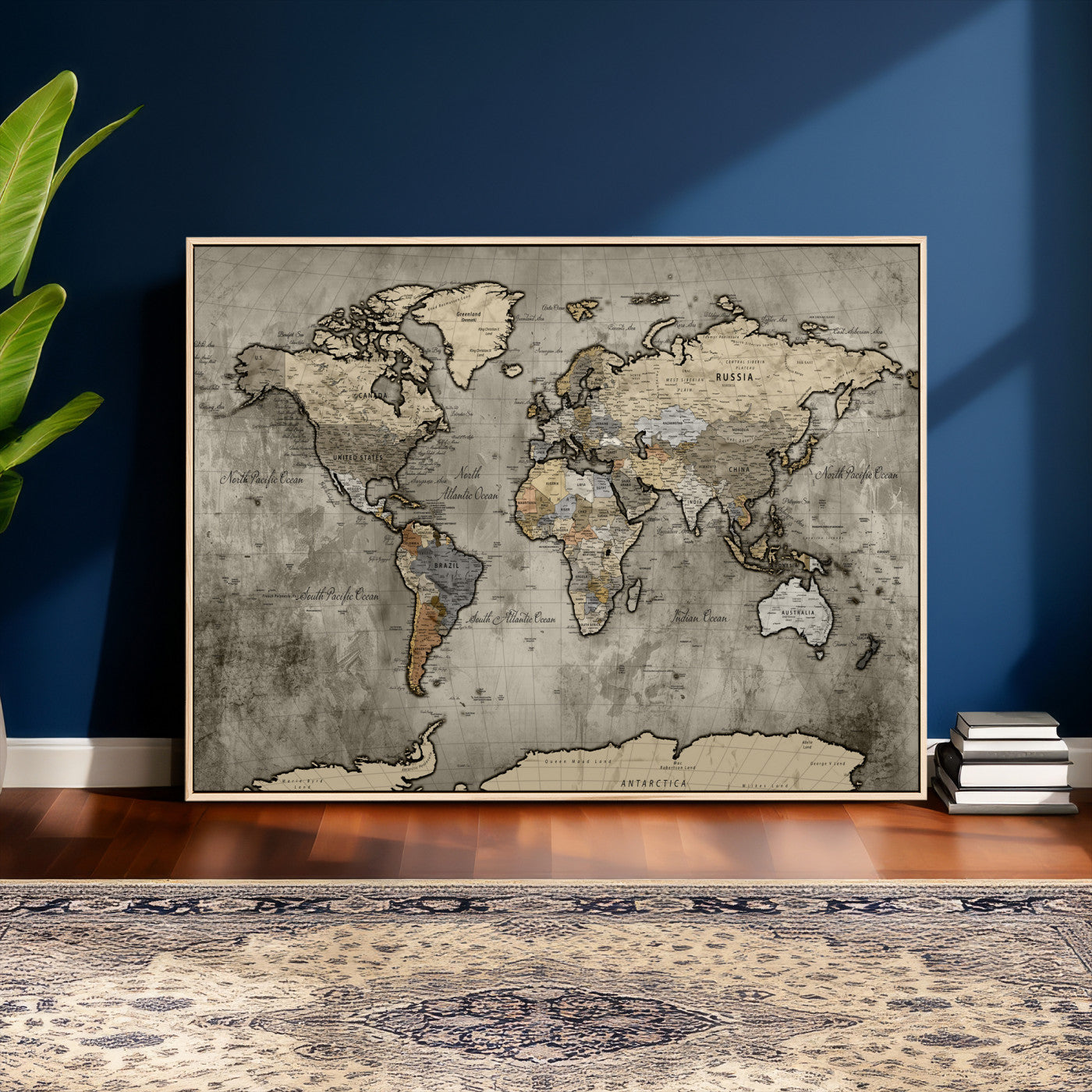 85218700-MGV-CV-36X24 - World Map Wall Art Canvas Print, Modern Decorative Framed Map Artwork Prints for Living Room, Office, Bedroom Wall Decor