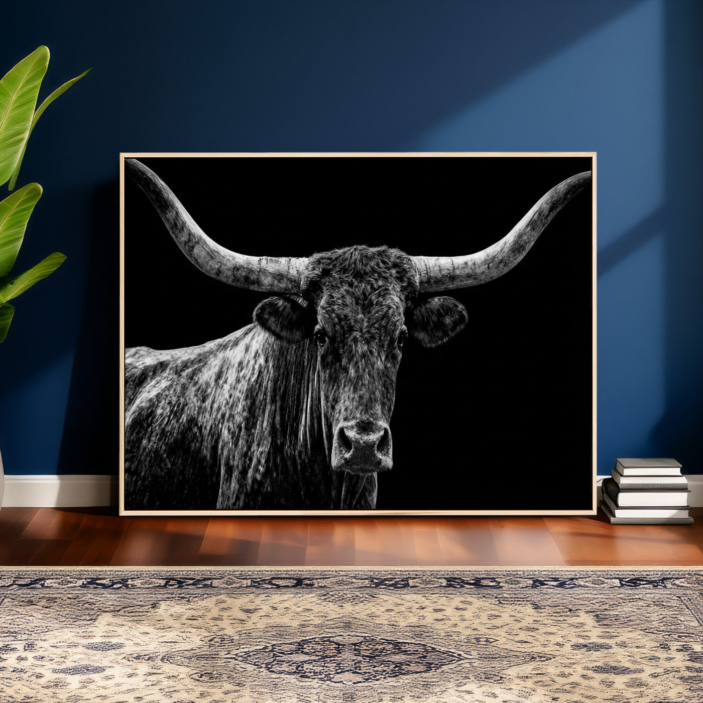 86568508-MGV-CV-36X24 - Vintage Texas Longhorn Bull Wall Art Canvas Print, Texas Cow Portrait Print, Framed Bull Wall Art Ready to Hang