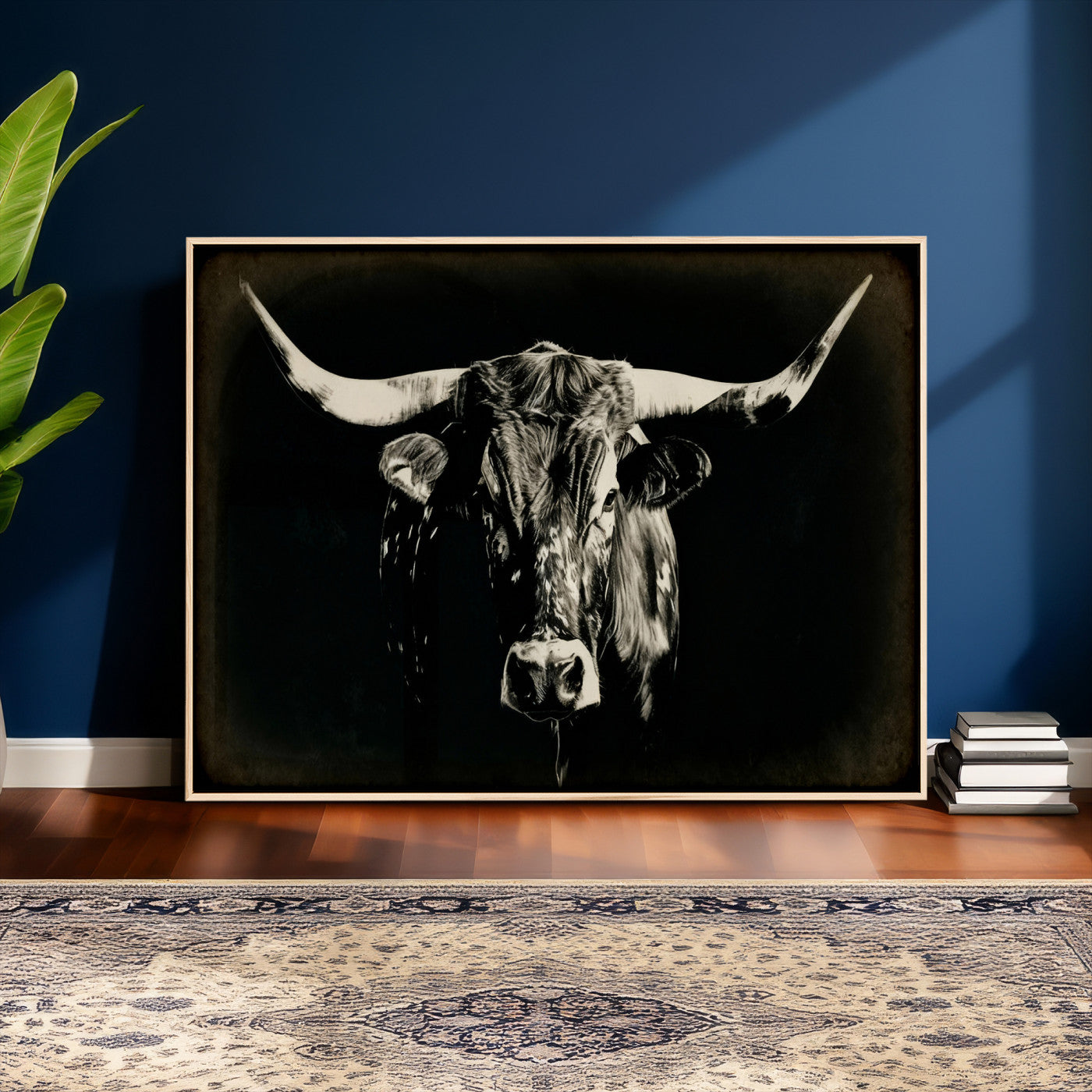 91364114-MGV-CV-36X24 - Black Bull Wall Art Canvas Print, Texas Longhorn Portrait Print, Framed Wall Art Ready to Hang
