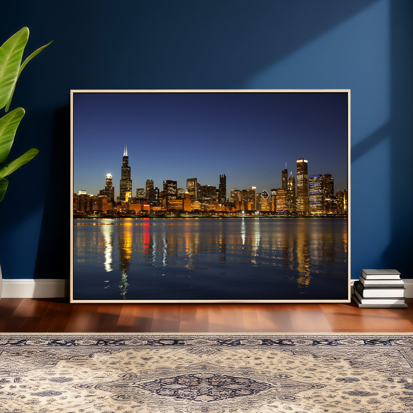 67308035-MGV-CV-36X24 - Chicago Wall Art Canvas Print, Chicago City Downtown Night Cityscape Print for Modern Urban Wall Decor