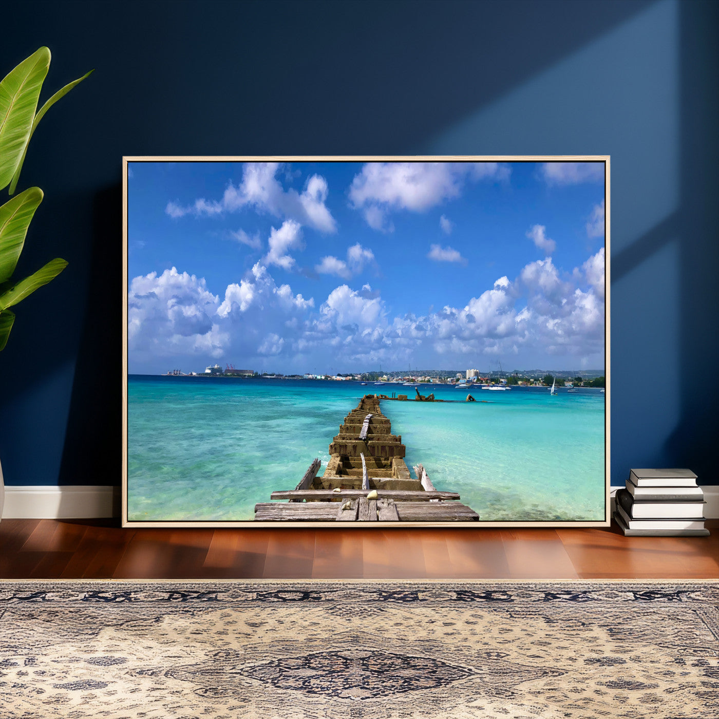 43165024-MGV-CV-36X24 - Caribbean Ocean Pier Seascape Wall Art Canvas Print, Turquoise Sea Tropical Harbor Canvas Print, Island Coastal Blue Water Scenic Art Printing