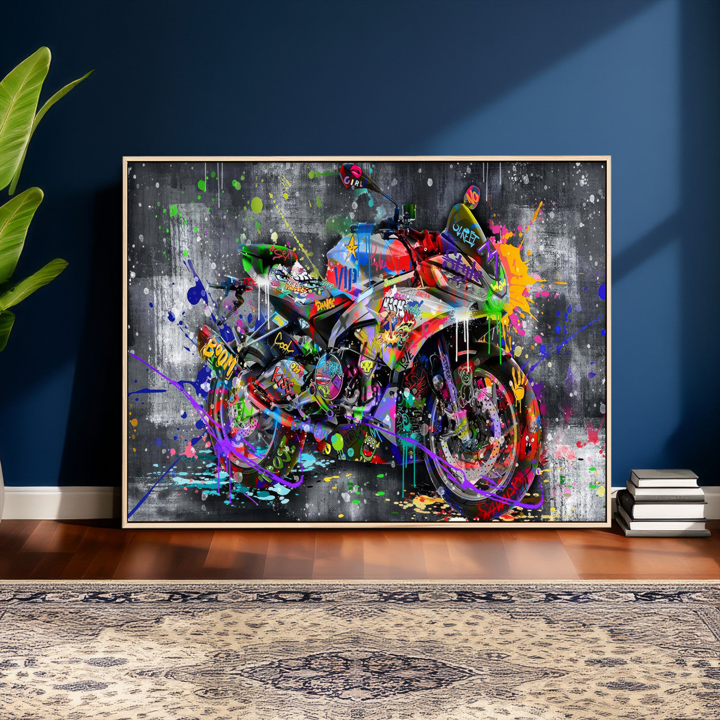 83021767-MGV-CV-36X24 - Graffiti Motorcycle Wall Art Canvas Print, Urban Street Art Motorbike Decor, Colorful Graffiti Sports Bike Artwork