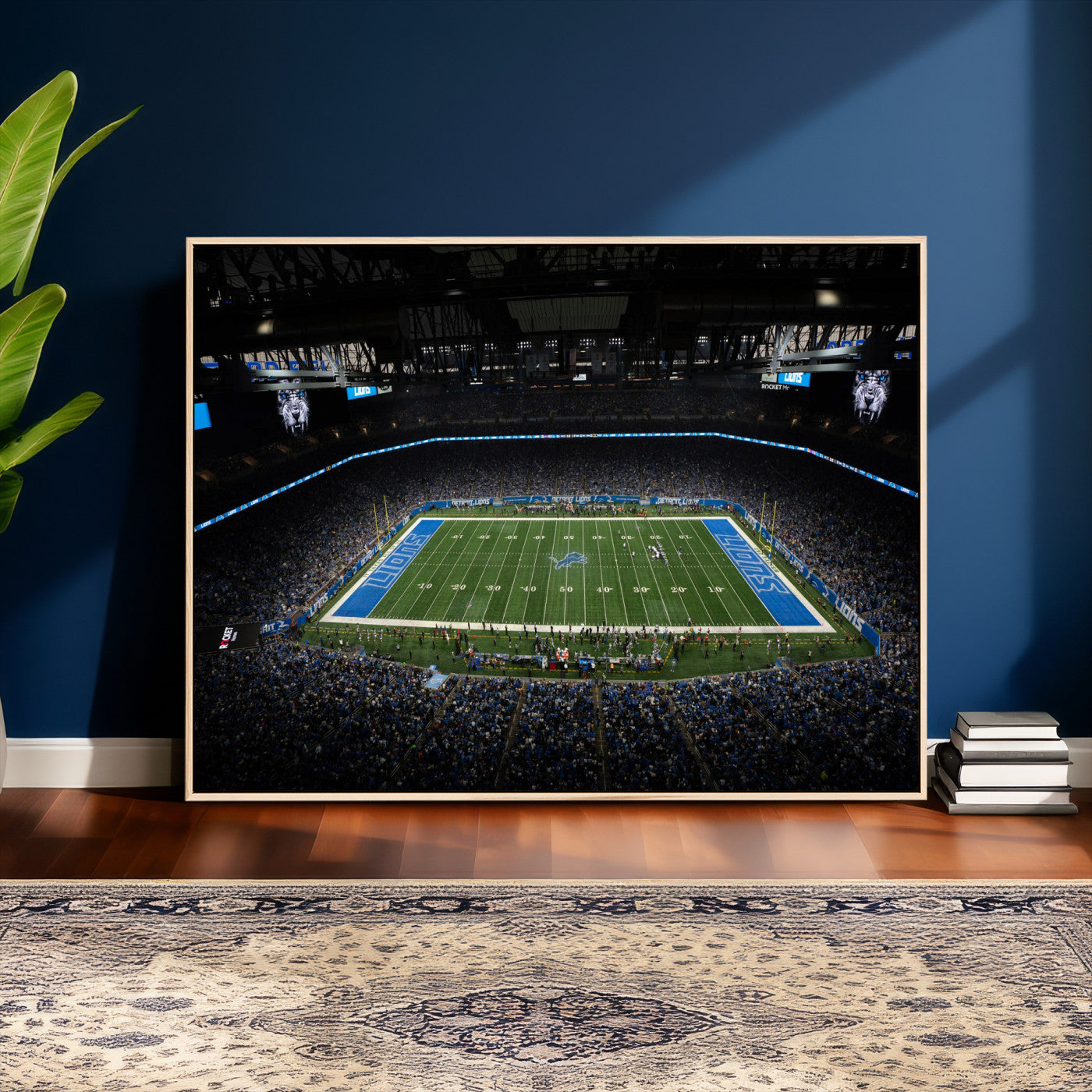 16709602-MGV-CV-36X24 - Detroit Lions Stadium Wall Art Canvas Print, Football Field Panorama Artwork, NFL Game Night Stadium Decor