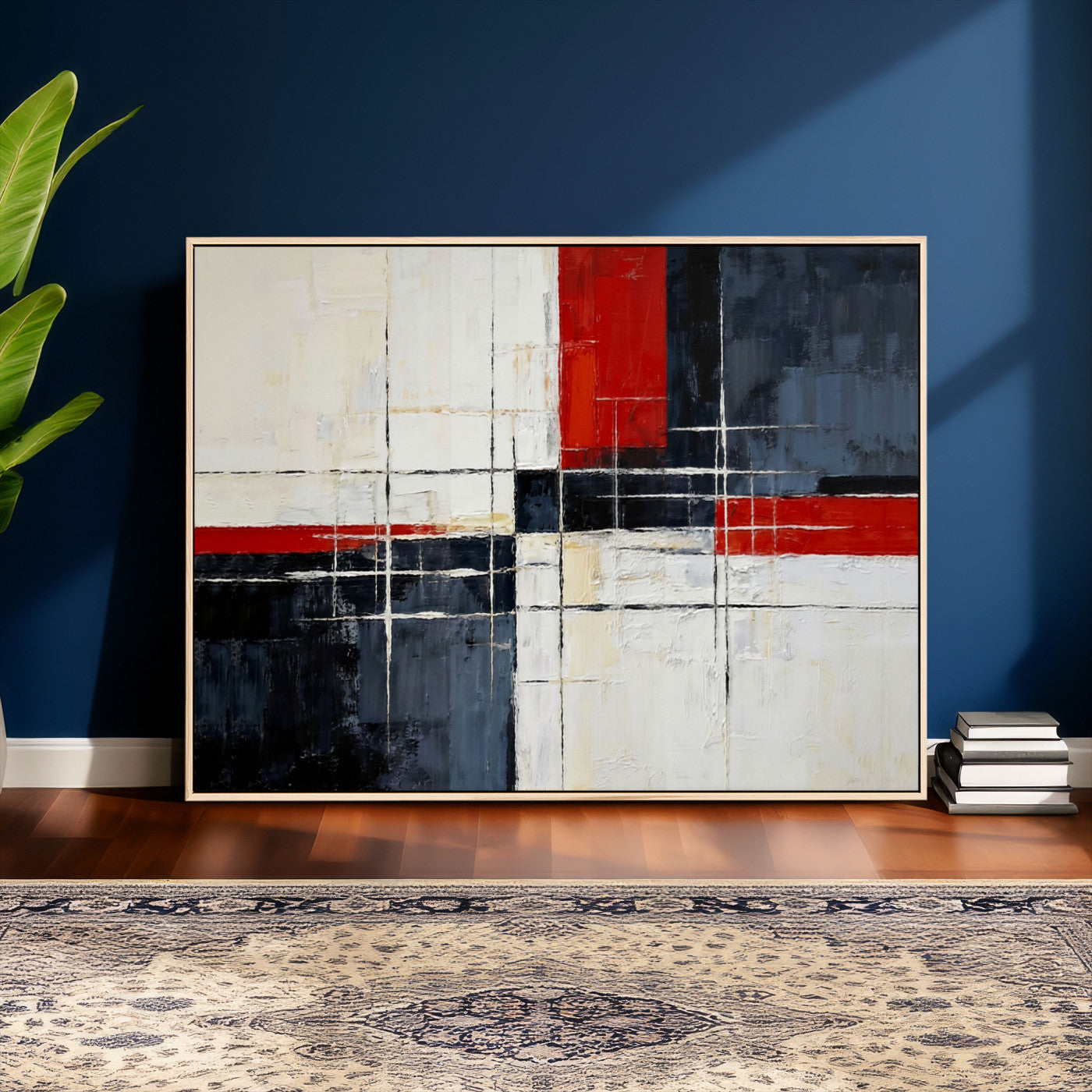 44088165-MGV-CV-36X24 - Navy Red Abstract Wall Art Canvas Print, Modern Luxury Geometric Painting Wall Decor for Living Room and Office