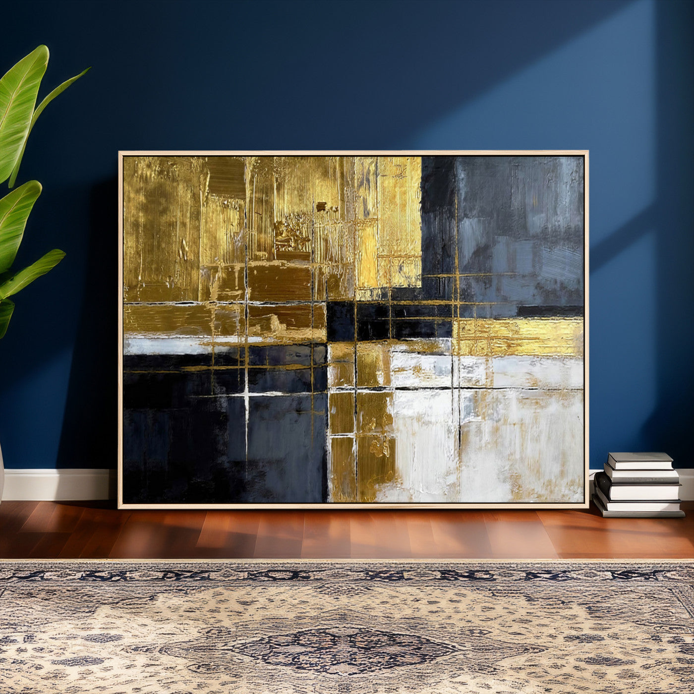 76917030-MGV-CV-36X24 - Gold Navy Abstract Wall Art Canvas Print, Modern Luxury Geometric Painting Wall Decor for Living Room and Office