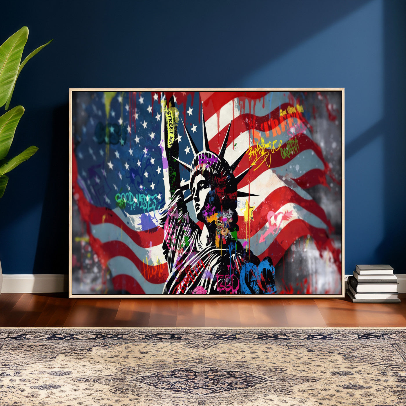 32151941-MGV-CV-36X24 - USA Statue of Liberty Graffiti Street Art Wall Art Canvas Print, American Flag Urban Pop Art Canvas Print, Modern Patriotic Street Art Contemporary Art Printing
