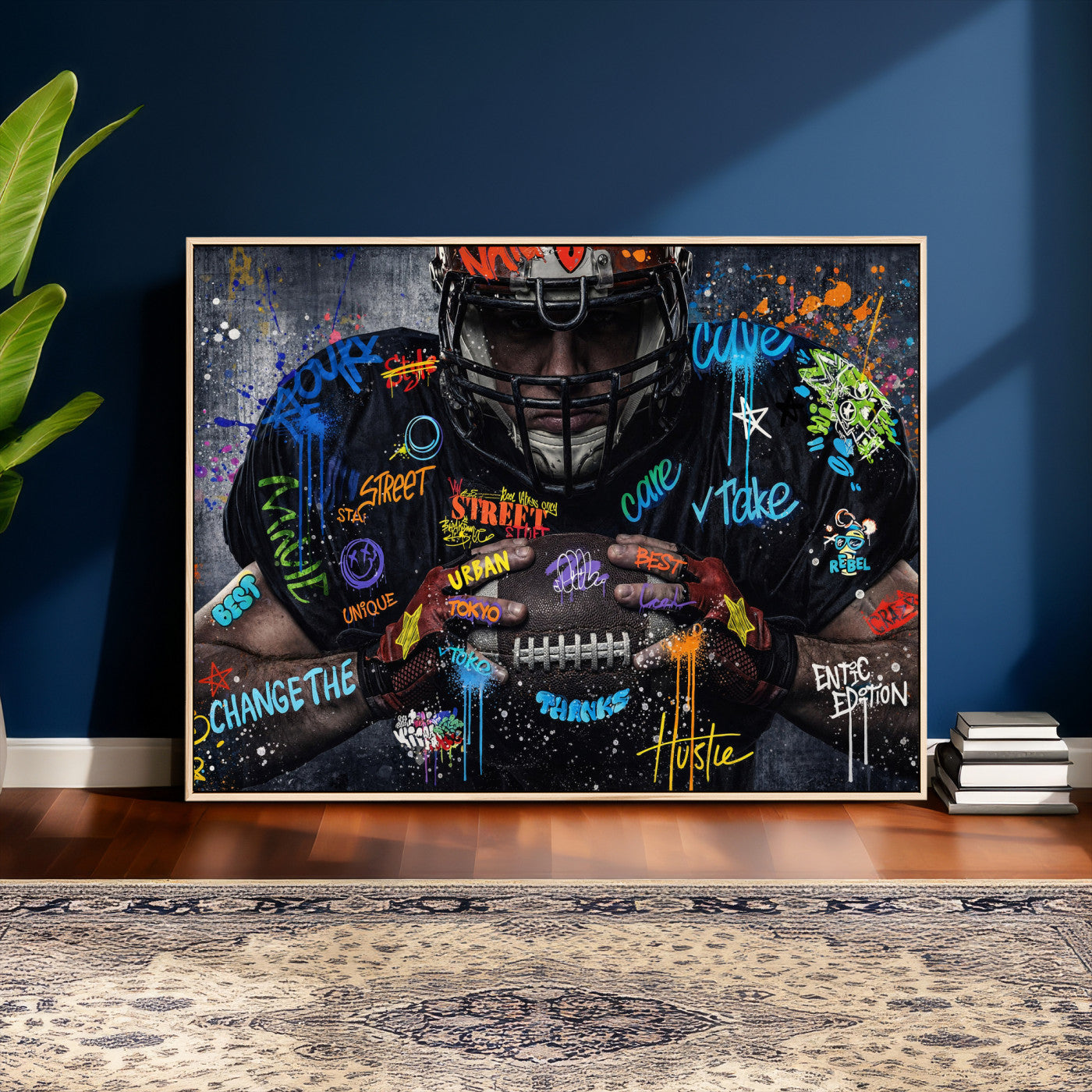 55267256-MGV-CV-36X24 - Graffiti American Football Player Street Art Wall Art Canvas Print, Urban Sports Pop Art Football Canvas Print, Modern Athletic Graffiti Contemporary Art Printing