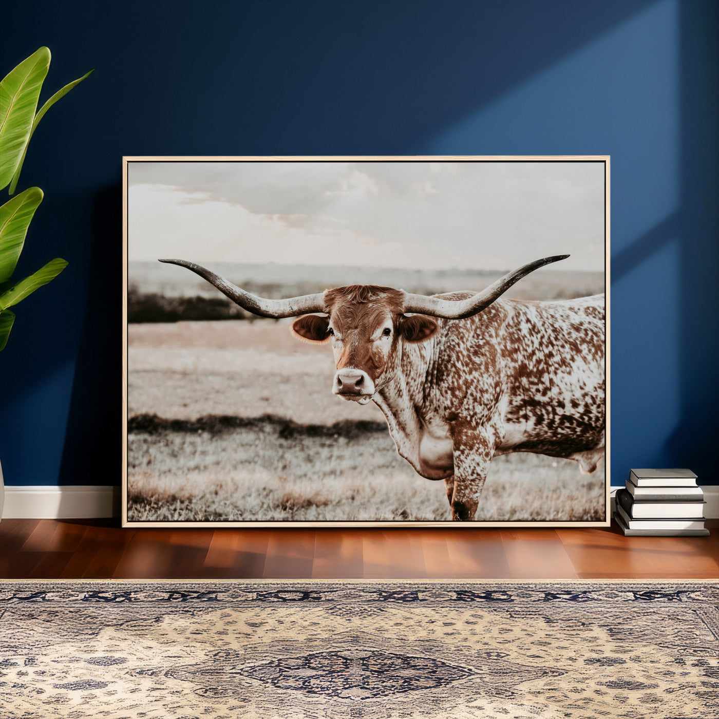 73897046-MGV-CV-36X24 - Texas Longhorn Bull Rustic Wall Art Canvas Print, Western Cattle Photography Canvas Print, Ranch Farm Animal Western Art Printing