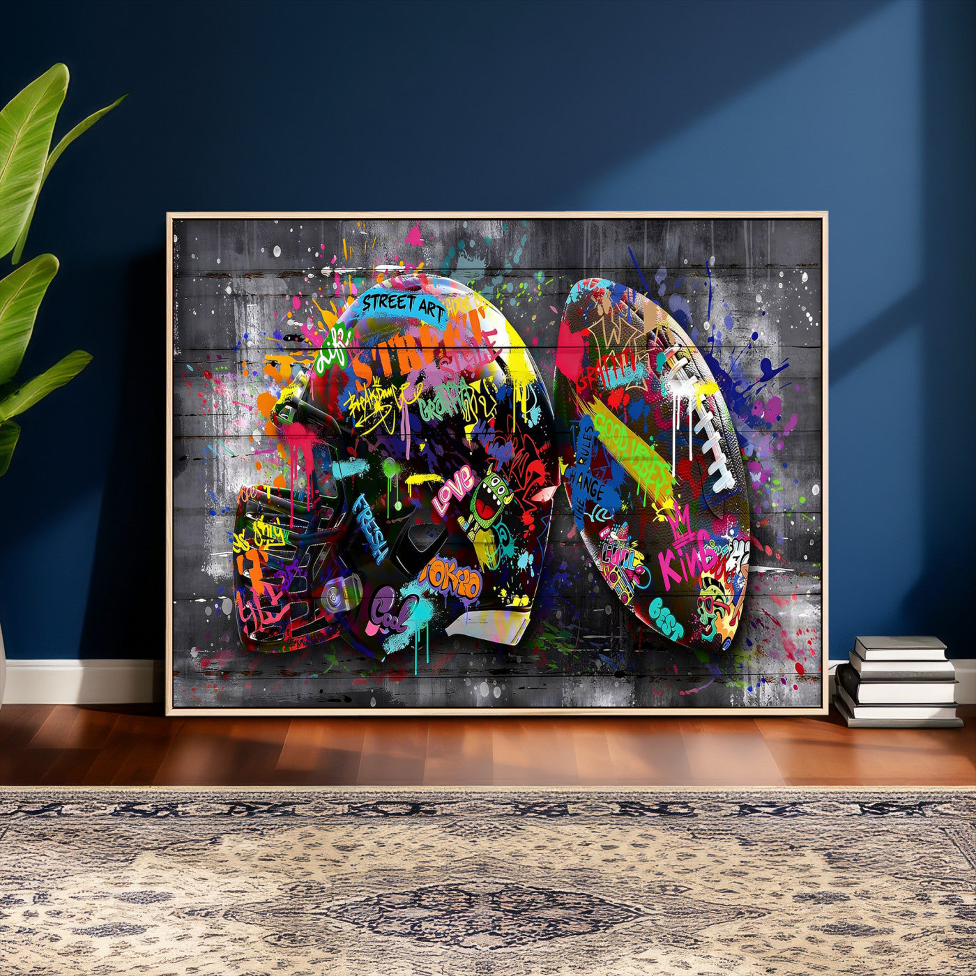 80540773-MGV-CV-36X24 - Graffiti American Football Helmet Street Art Wall Art Canvas Print, Urban Sports Pop Art Football Canvas Print, Colorful Graffiti Sports Contemporary Art Printing