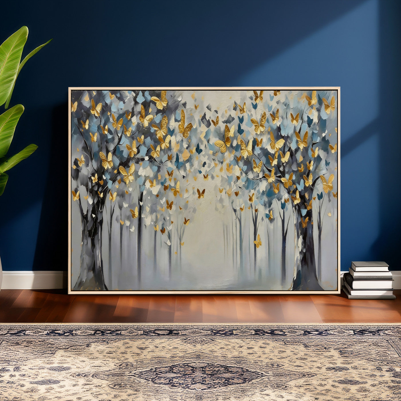 79208191-MGV-CV-36X24 - Golden Butterfly Tree Abstract Wall Art Canvas Print, Modern Elegant Nature Painting Canvas Print, Blue Gold Contemporary Floral Art Printing