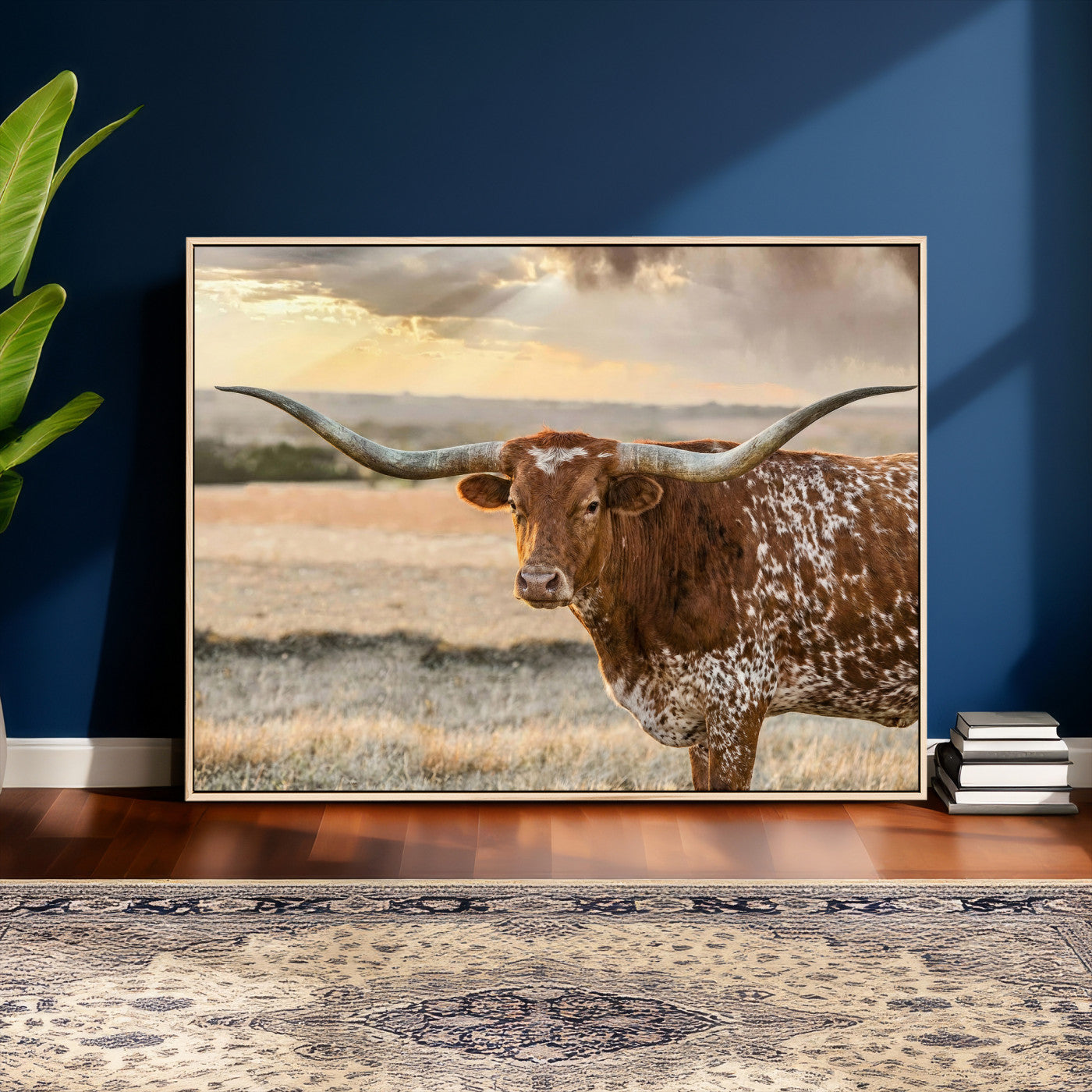 16502384-MGV-CV-36X24 - Texas Longhorn Wall Art Canvas Print, Western Ranch Bull Photography Canvas Print, Rustic Farmhouse Cattle Artwork for Living Room Decor